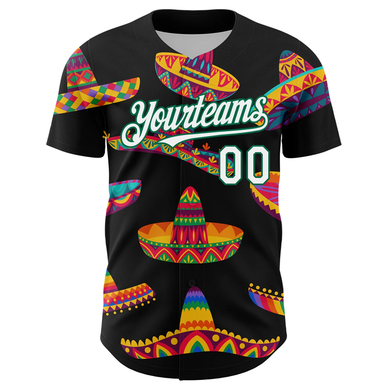 Custom Black White-Kelly Green 3D Mexican Festival Sombrero Cinco de Mayo Authentic Baseball Jersey