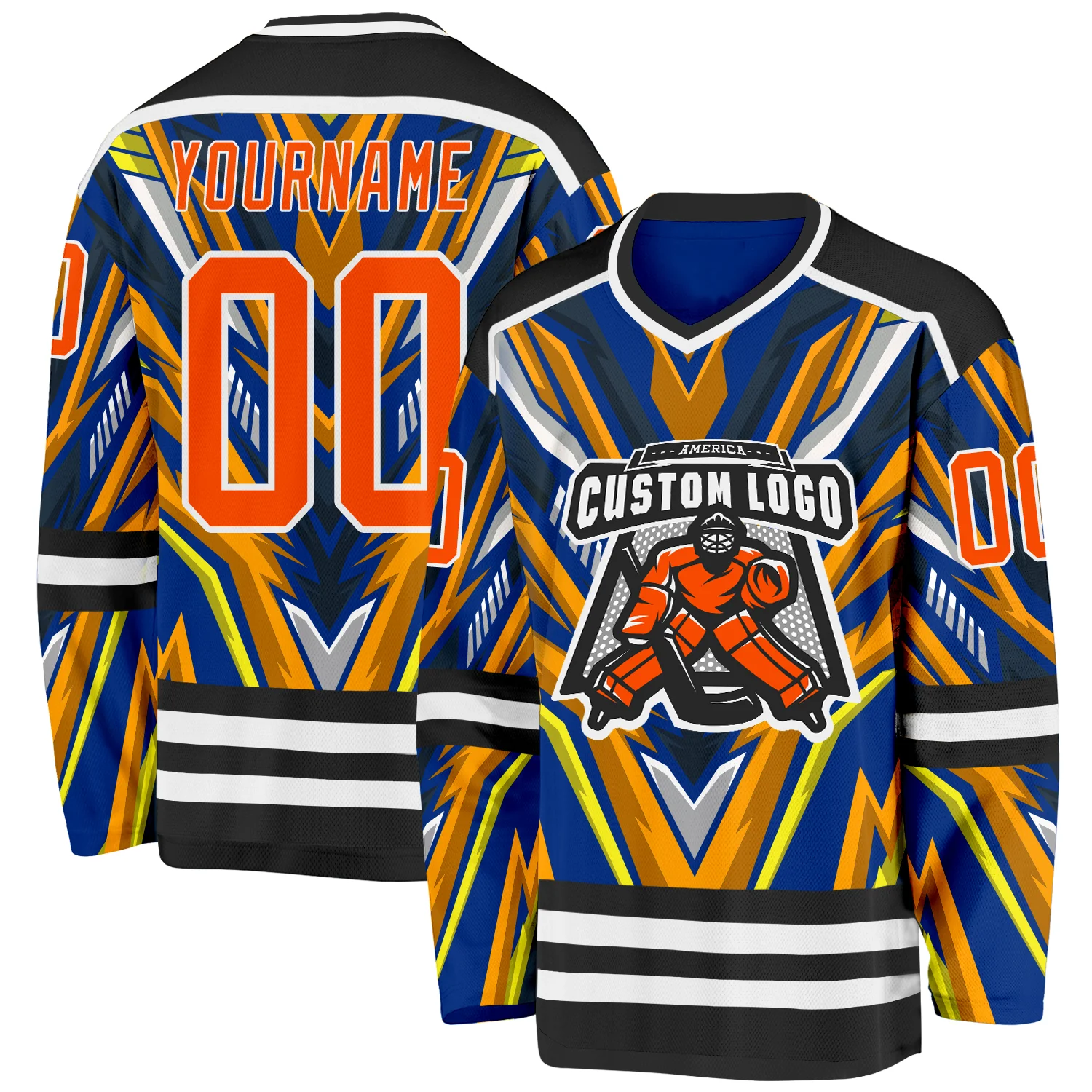 Custom Royal Orange Yellow Black-White 3D Pattern Cyber Mecha E-sport Hockey Jersey