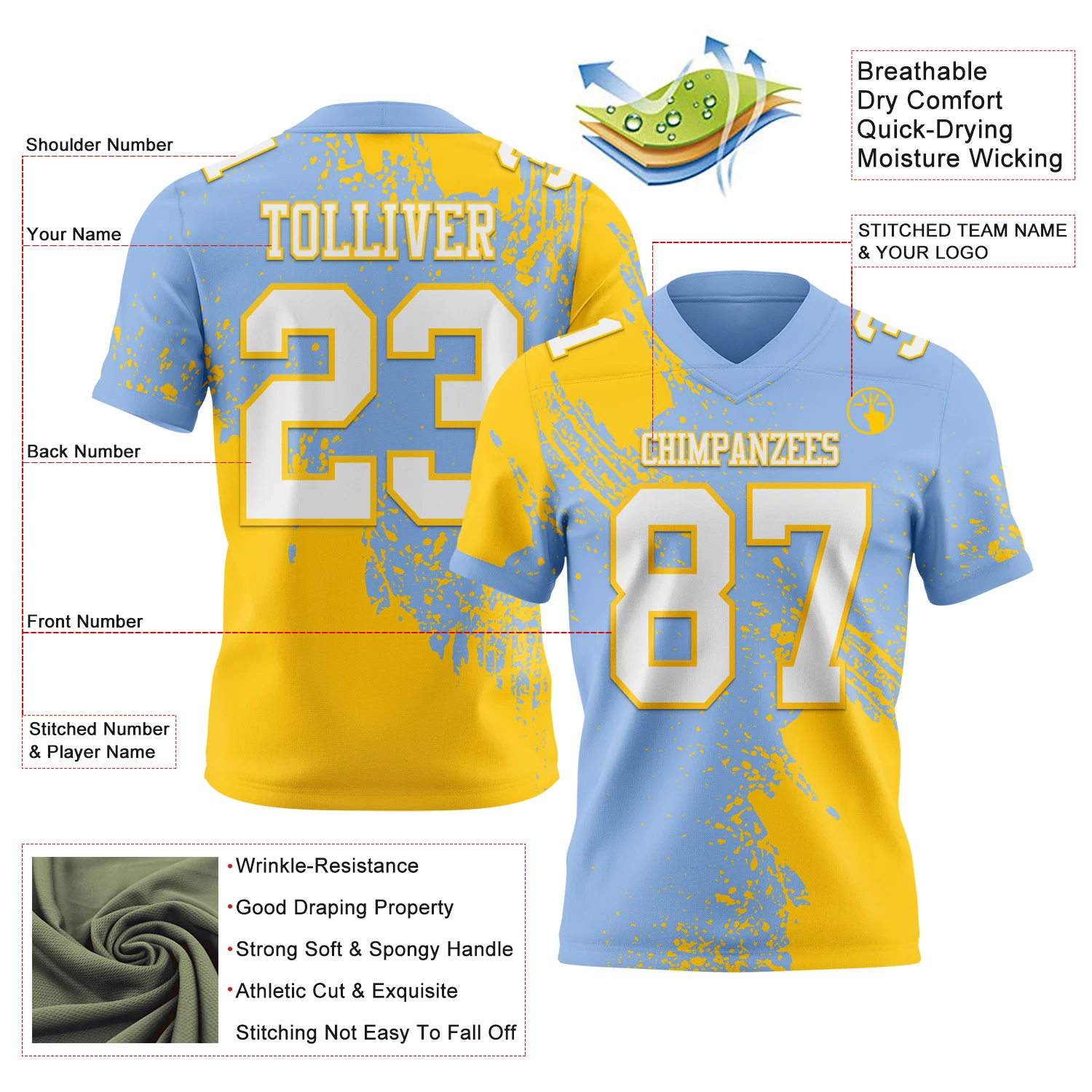 Custom Light Blue White-Yellow 3D Pattern Abstract Brush Stroke Authentic Football Jersey