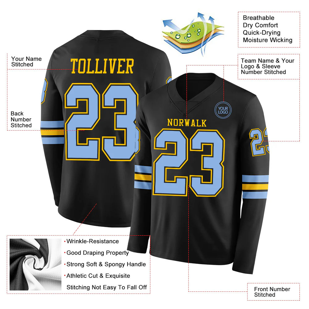 Custom Black Light Blue-Yellow Long Sleeve Authentic Football Jersey
