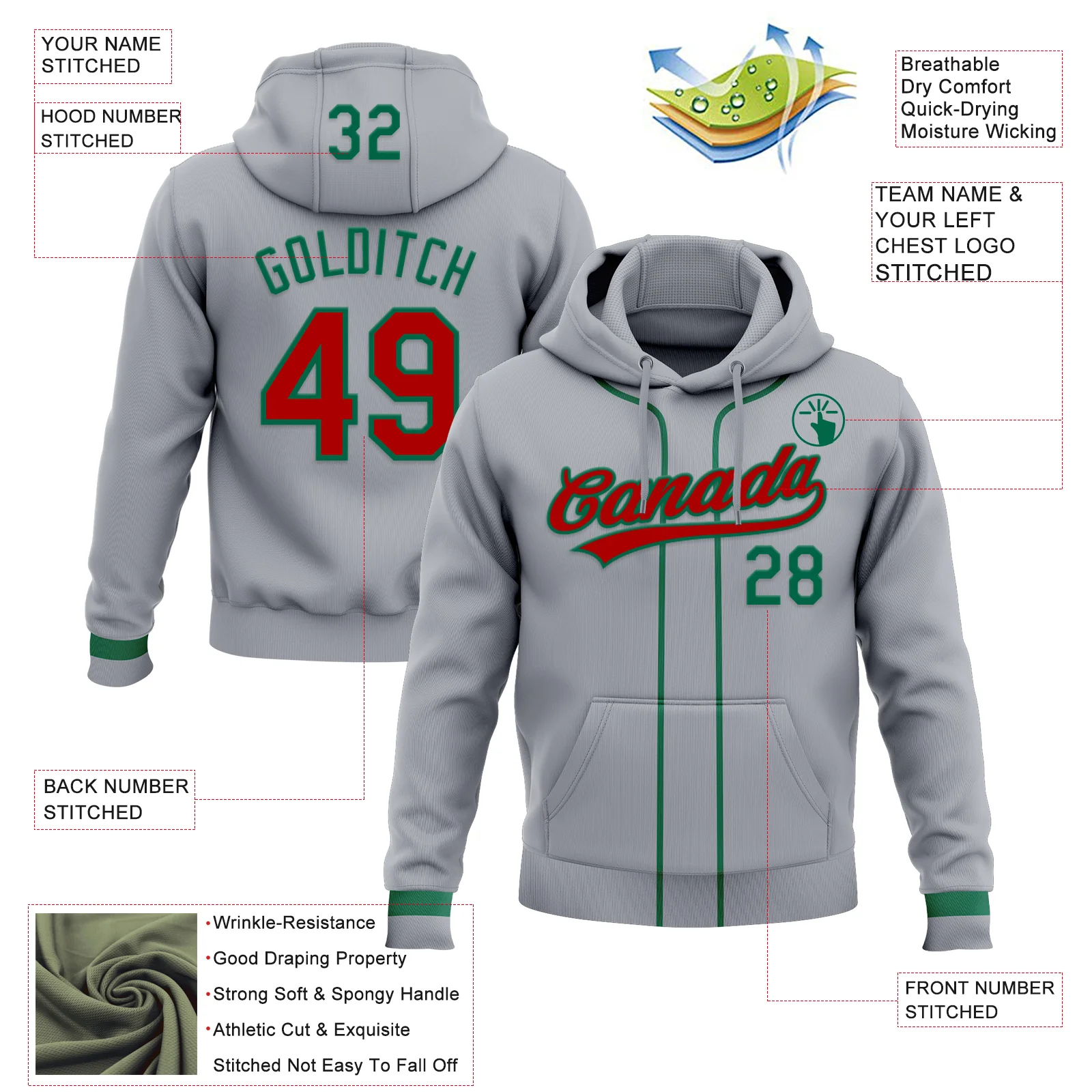 Custom Stitched Gray Red-Kelly Green Baseball Pullover Sweatshirt Hoodie