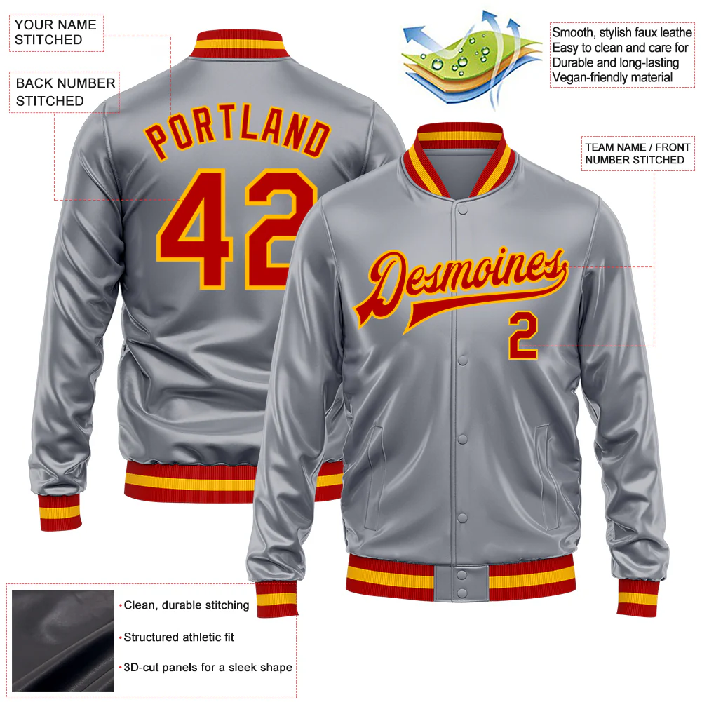 Custom Gray Red-Gold Bomber Full-Snap Varsity Faux Leather Letterman Jacket