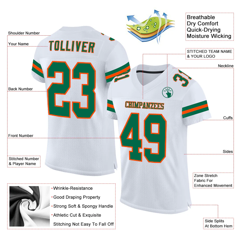 Custom White Kelly Green-Orange Mesh Authentic Football Jersey