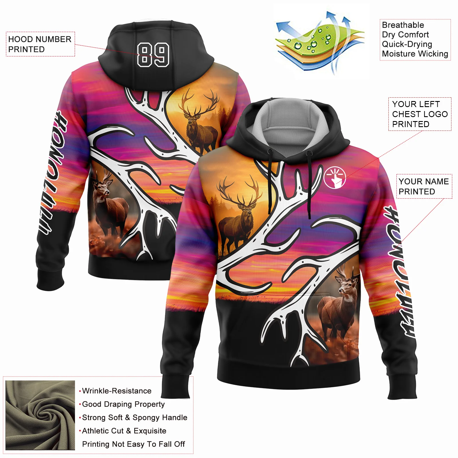 Custom Black White 3D Deer Hunting Sports Pullover Sweatshirt Hoodie