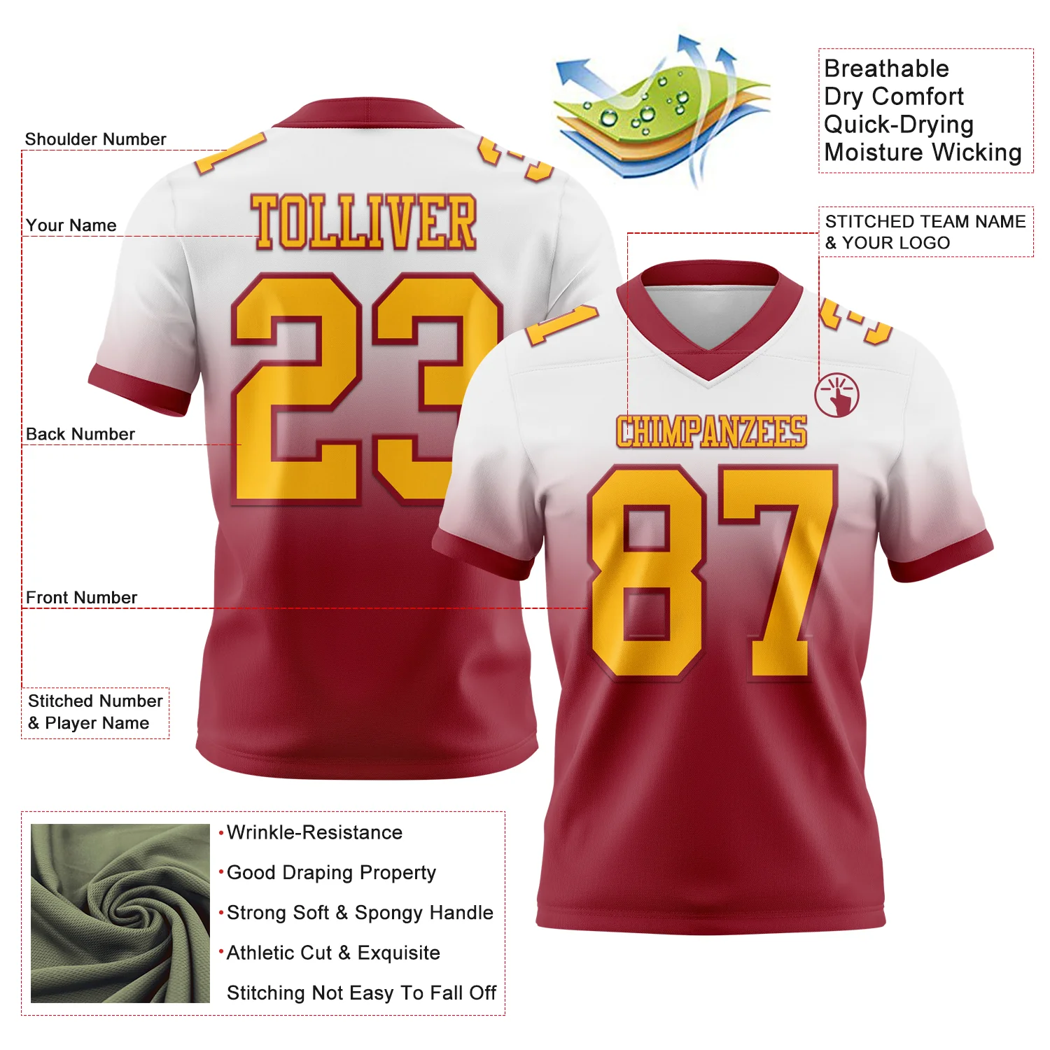 Custom White Gold-Cardinal Authentic Fade Fashion Football Jersey