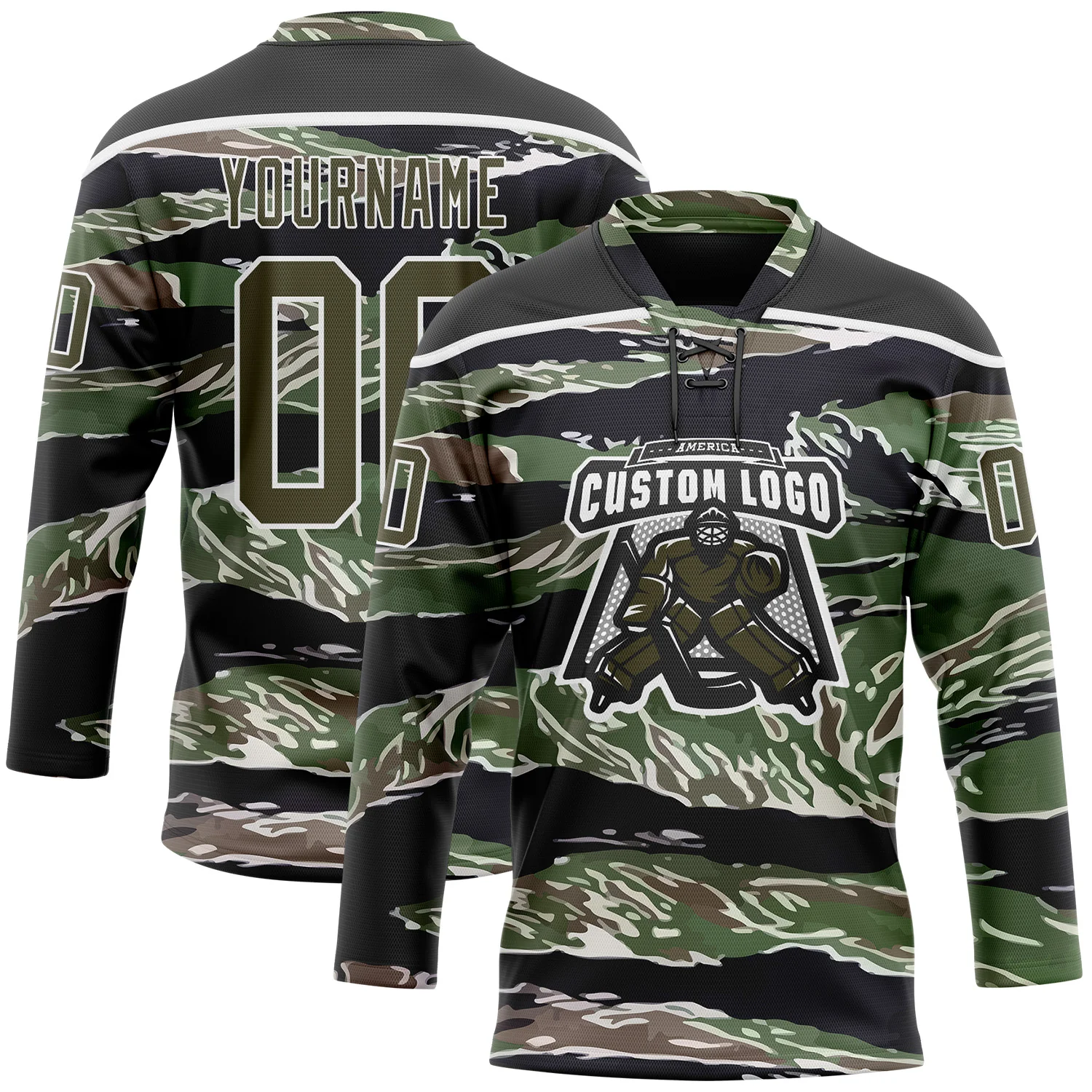 Custom Camo Olive Black-White 3D Camouflage Hockey Lace Neck Jersey