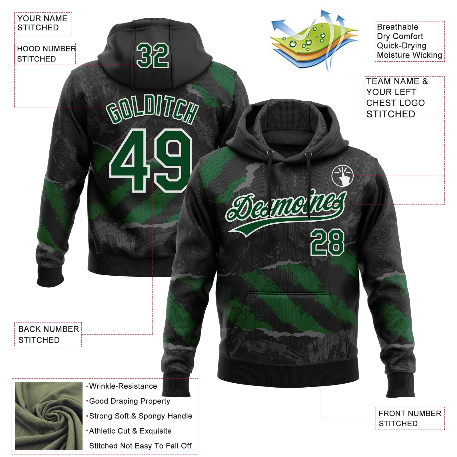 Custom Stitched Black Green Steel Gray-White 3D Pattern Design Splash Sports Pullover Sweatshirt Hoodie