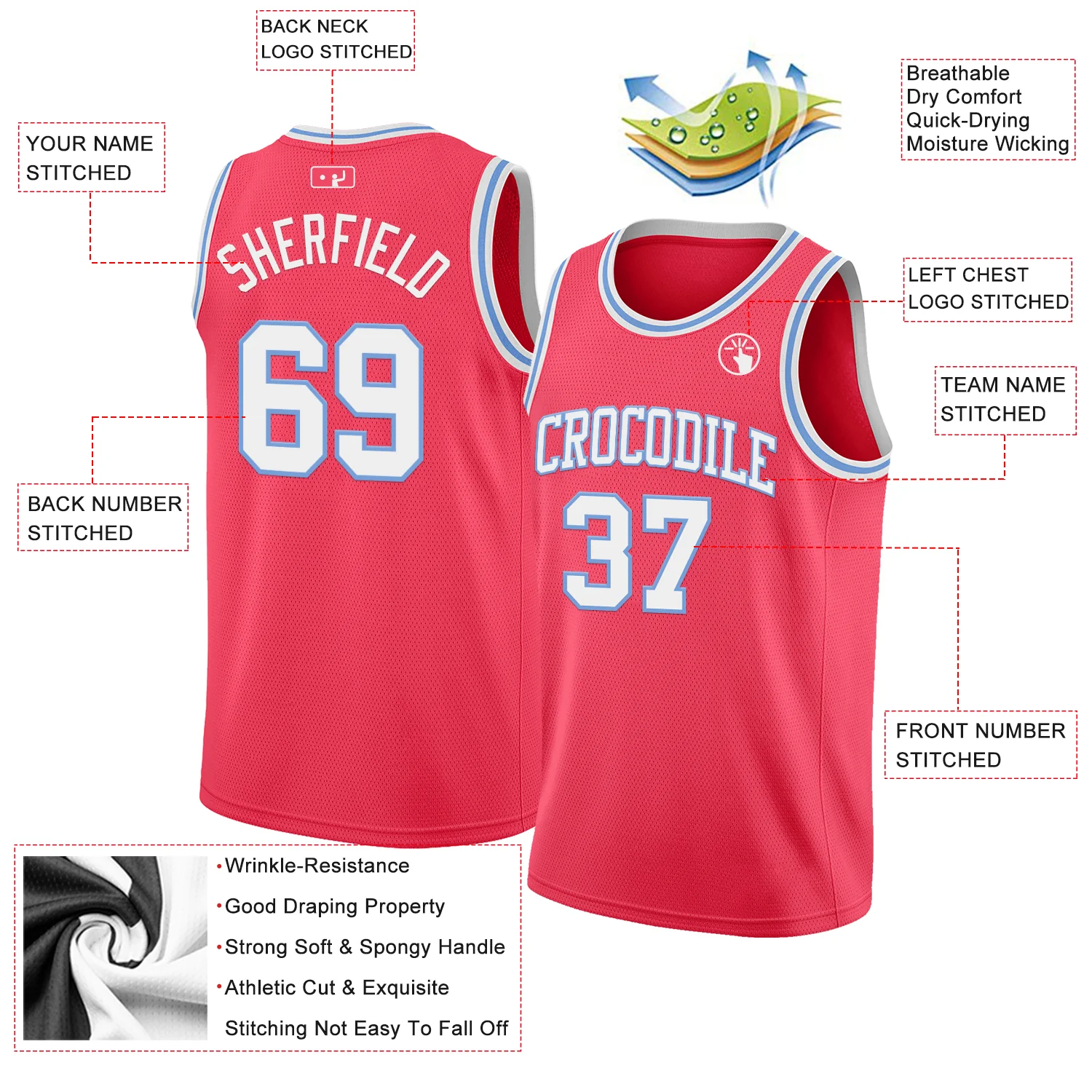 Custom Neon Pink White-Light Blue Authentic Basketball Jersey