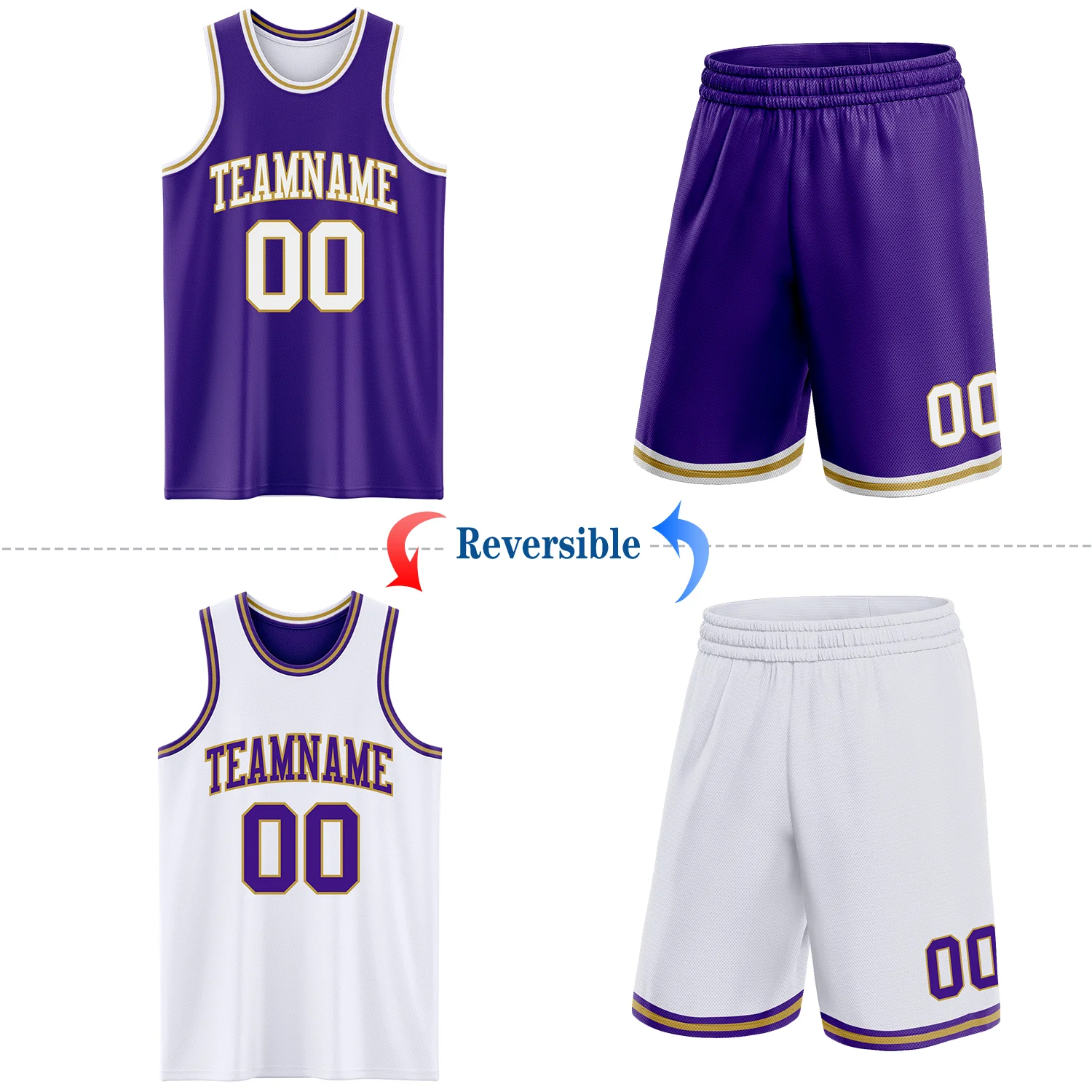 Custom Purple White-Old Gold Reversible Double Side Sublimation Basketball Suit Jersey