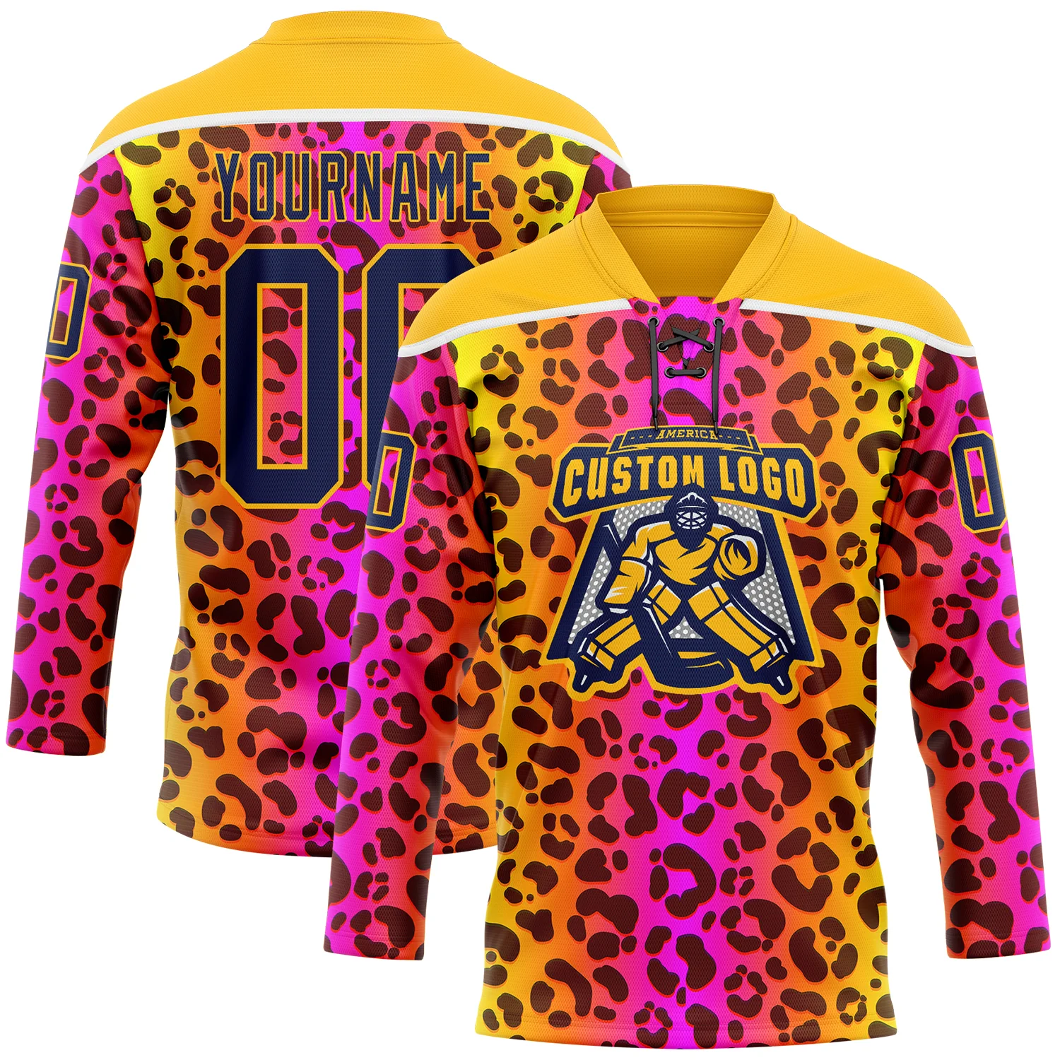 Custom Gold Navy-Pink 3D Pattern Leopard Print Neon Hockey Lace Neck Jersey