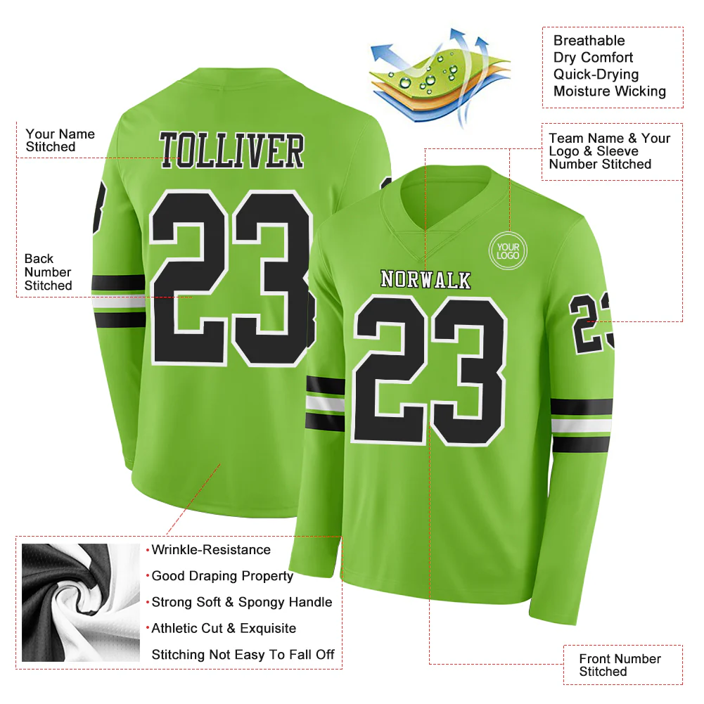 Custom Neon Green Black-White Long Sleeve Authentic Football Jersey