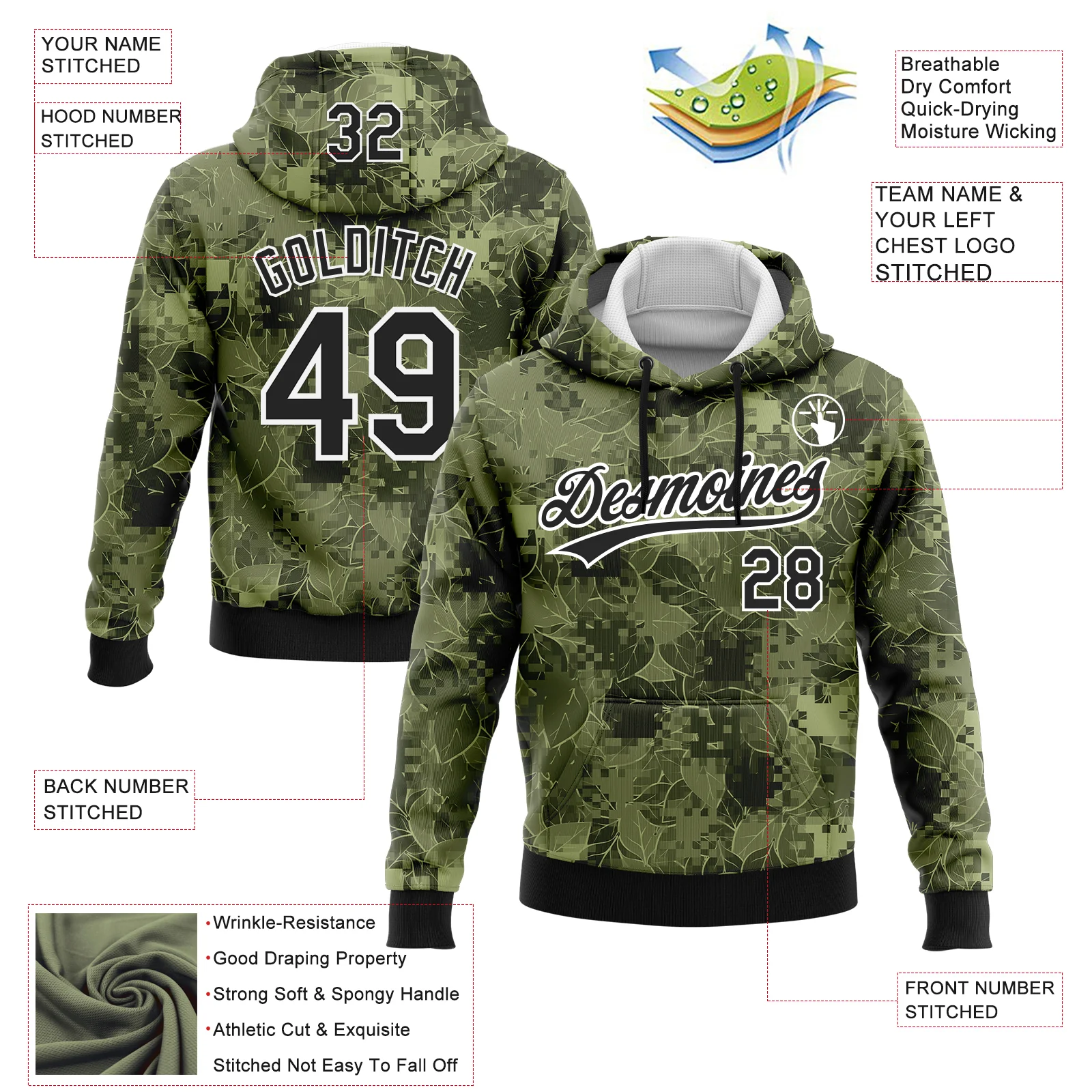 Custom Stitched Camo Black-White 3D Leaves Sports Pullover Sweatshirt Salute To Service Hoodie