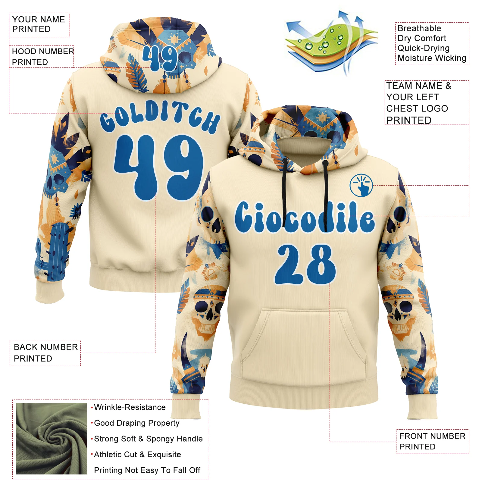 Custom City Cream Blue-White 3D Skull Chief Tribal Sports Pullover Sweatshirt Hoodie