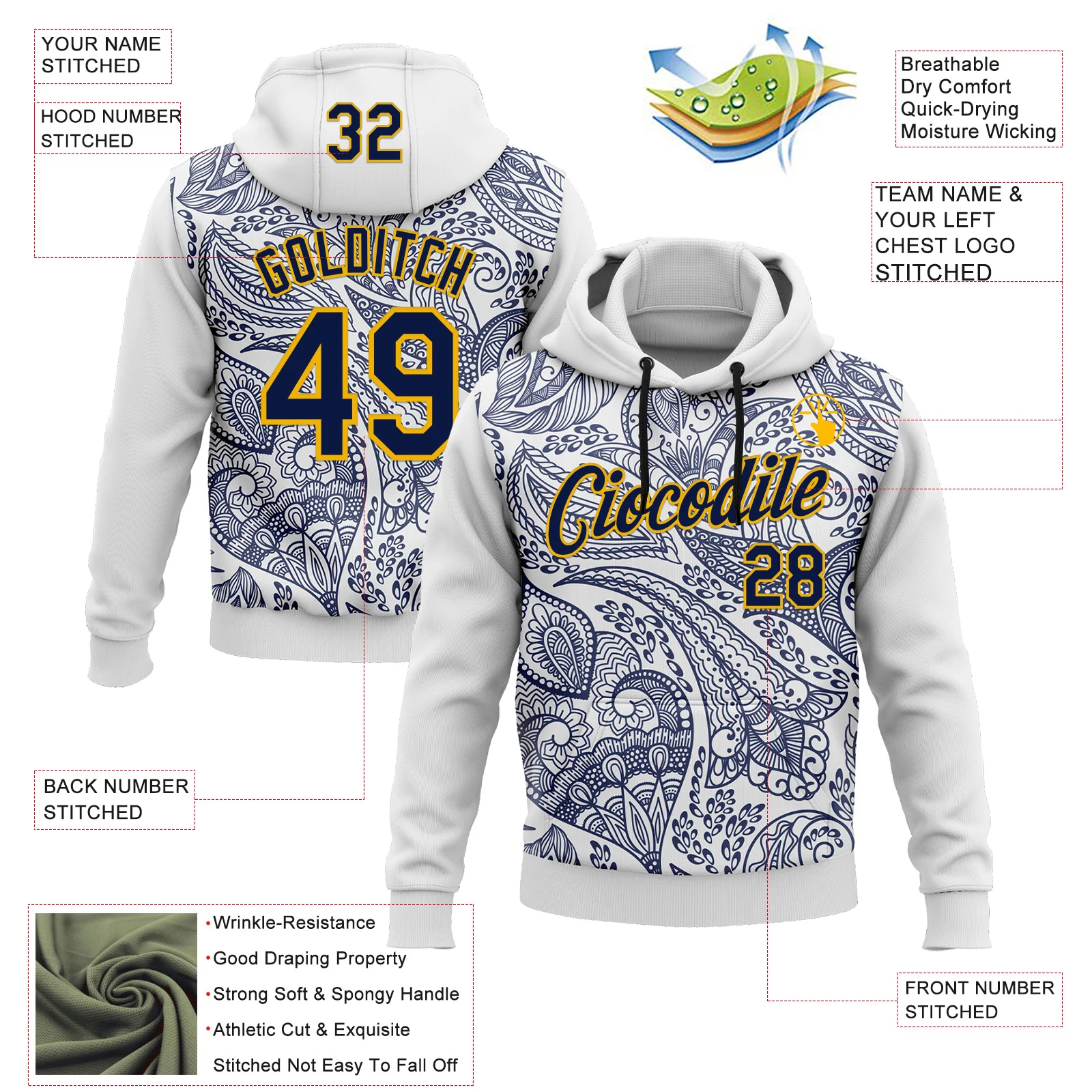 Custom Stitched White Navy-Gold 3D Pattern Design Ethnic Paisley Floral Bandana Sports Pullover Sweatshirt Hoodie