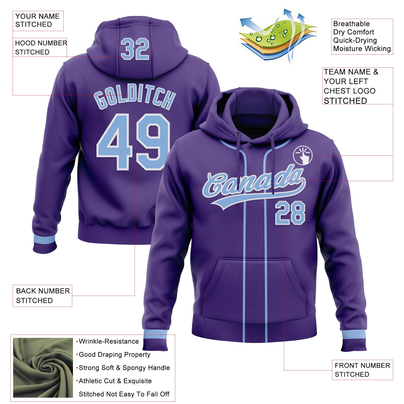 Custom Stitched Purple Light Blue-White Baseball Pullover Sweatshirt Hoodie