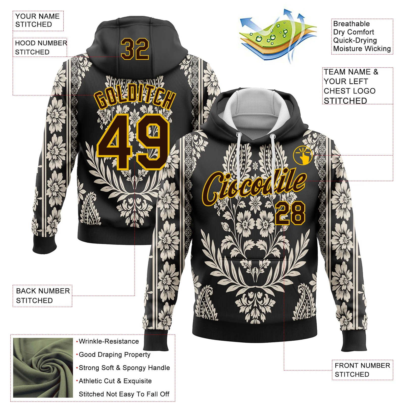 Custom Stitched Black Brown Cream-Yellow 3D Pattern Design Ethnic Paisley Floral Bandana Sports Pullover Sweatshirt Hoodie