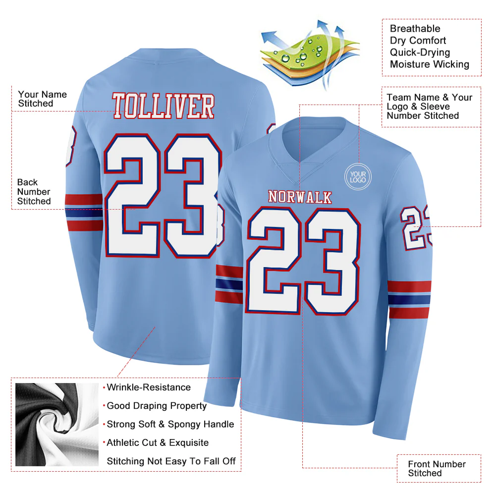 Custom Light Blue White Royal-Red Long Sleeve Authentic Football Jersey