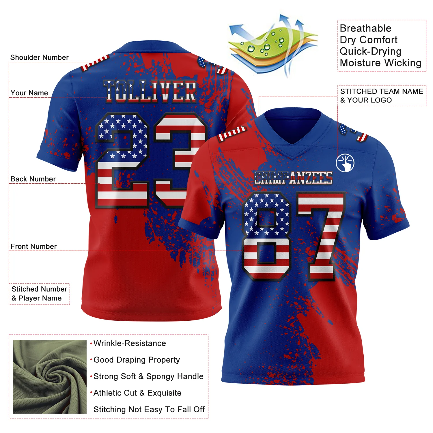 Custom Royal USA Flag Red-Black 3D Pattern Abstract Brush Stroke Authentic Football Jersey