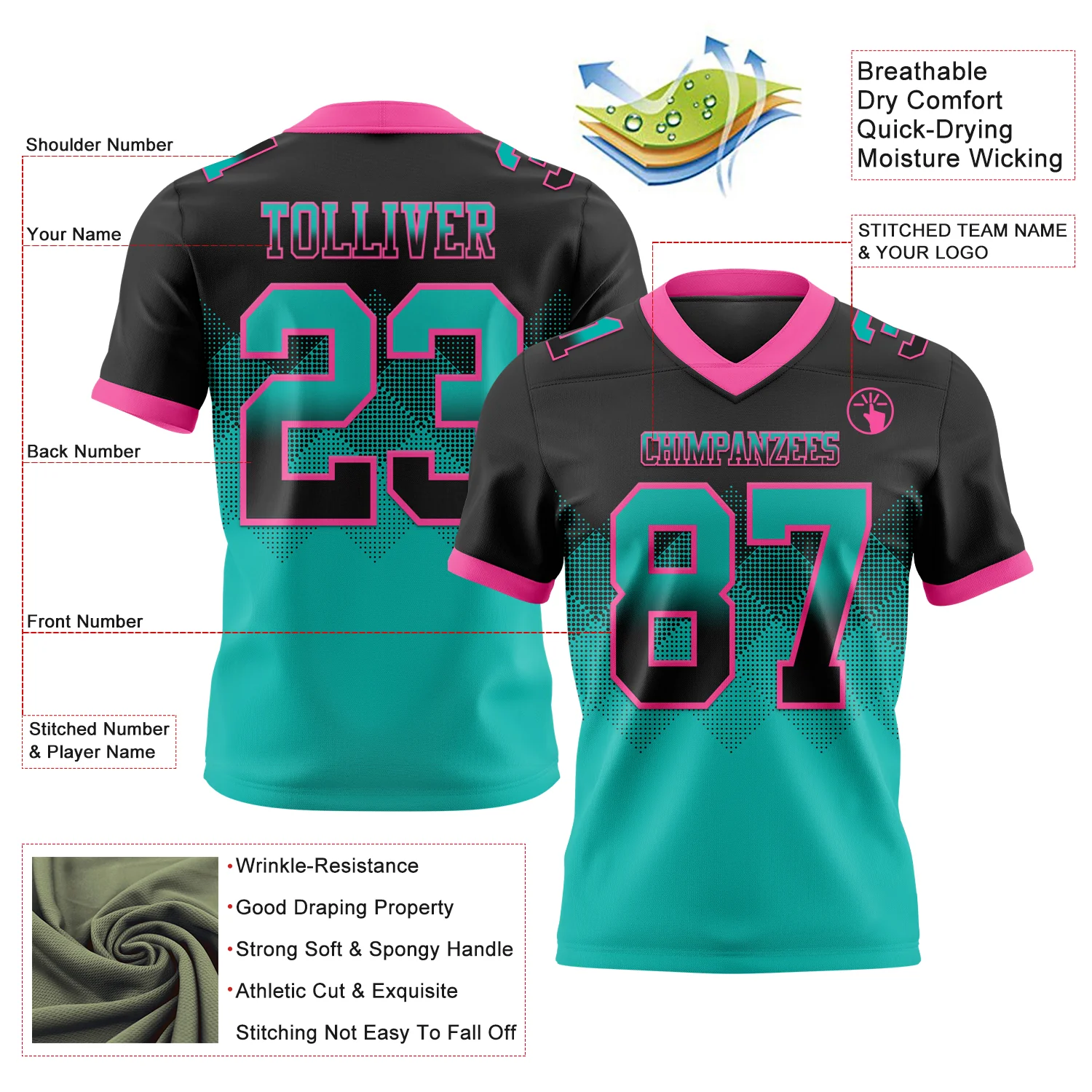 Custom Black Aqua-Pink Authentic Gradient Square Shape Flag Football Jersey