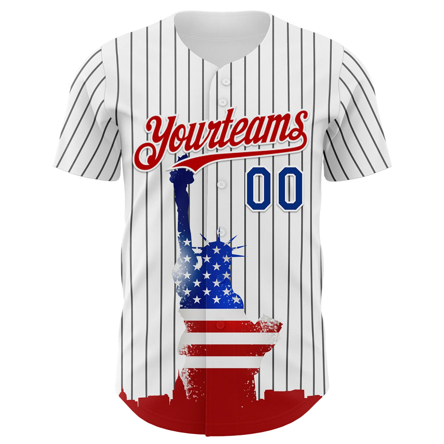 Custom White Black Pinstripe Royal-Red 3D American Flag Statue Of Liberty Authentic Baseball Jersey