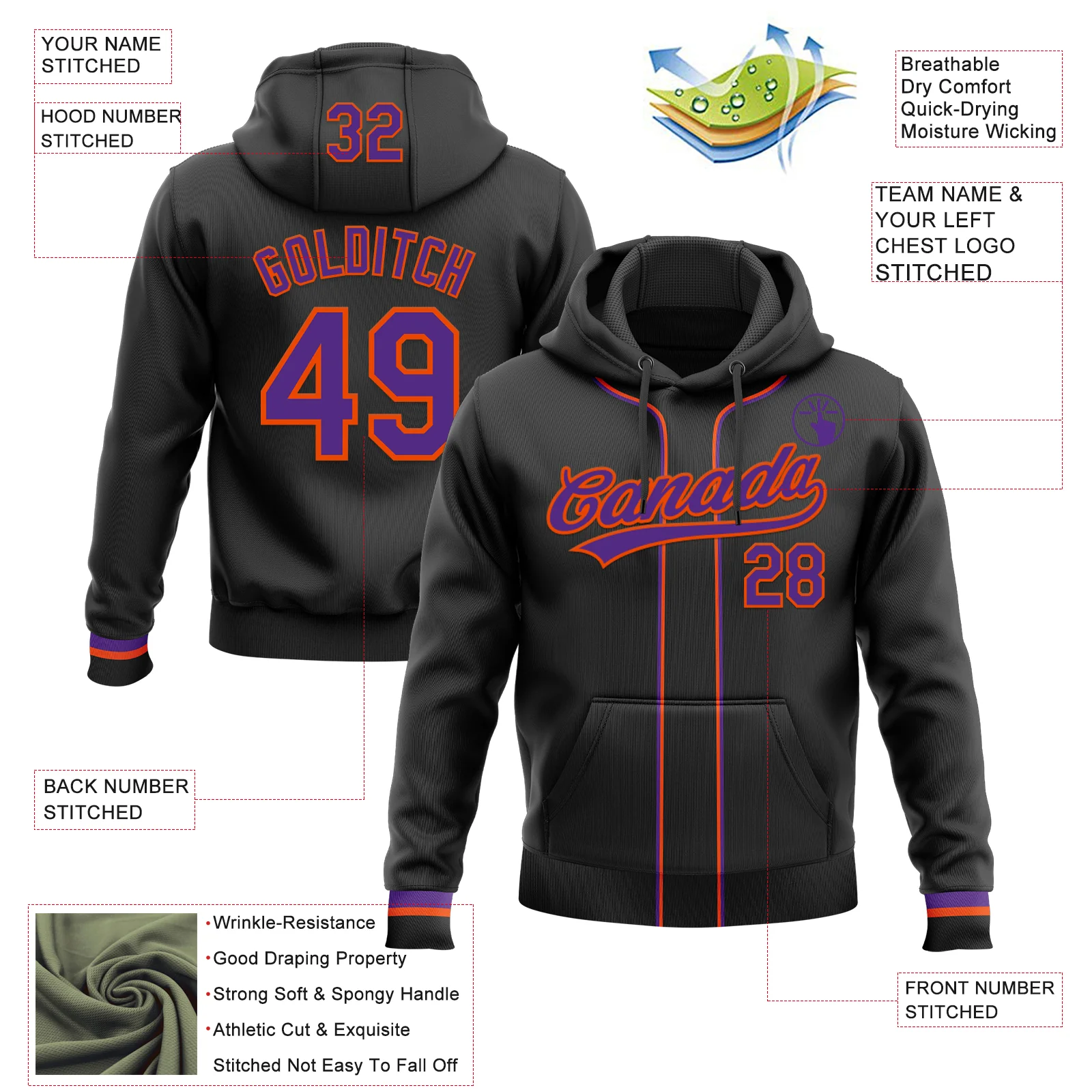 Custom Stitched Black Purple-Orange Baseball Pullover Sweatshirt Hoodie