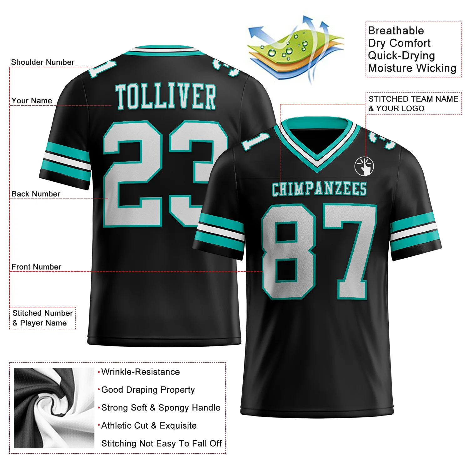 Custom Black White-Aqua Authentic Football Jersey