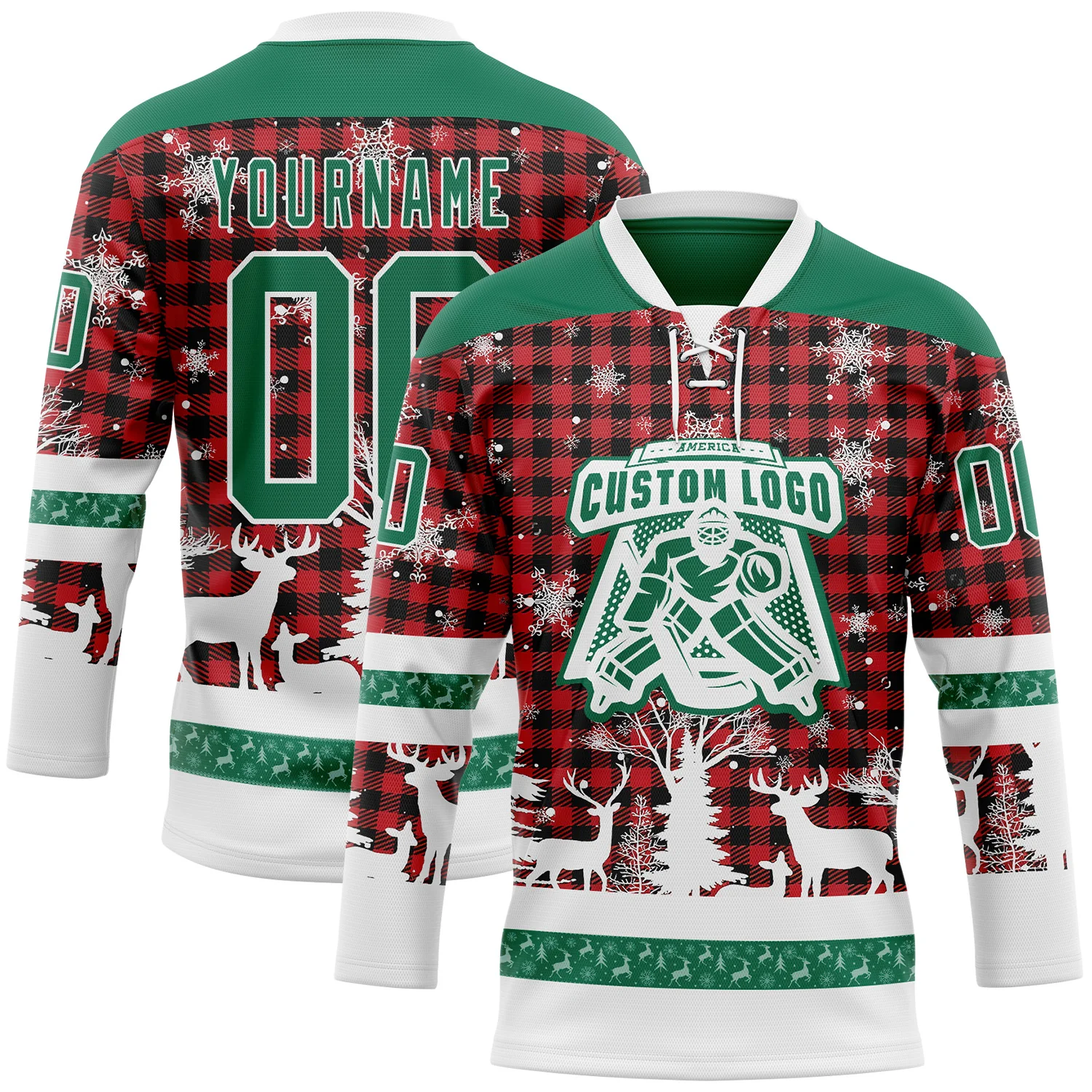 Custom Red Kelly Green-White 3D Christmas Plaid Hockey Lace Neck Jersey