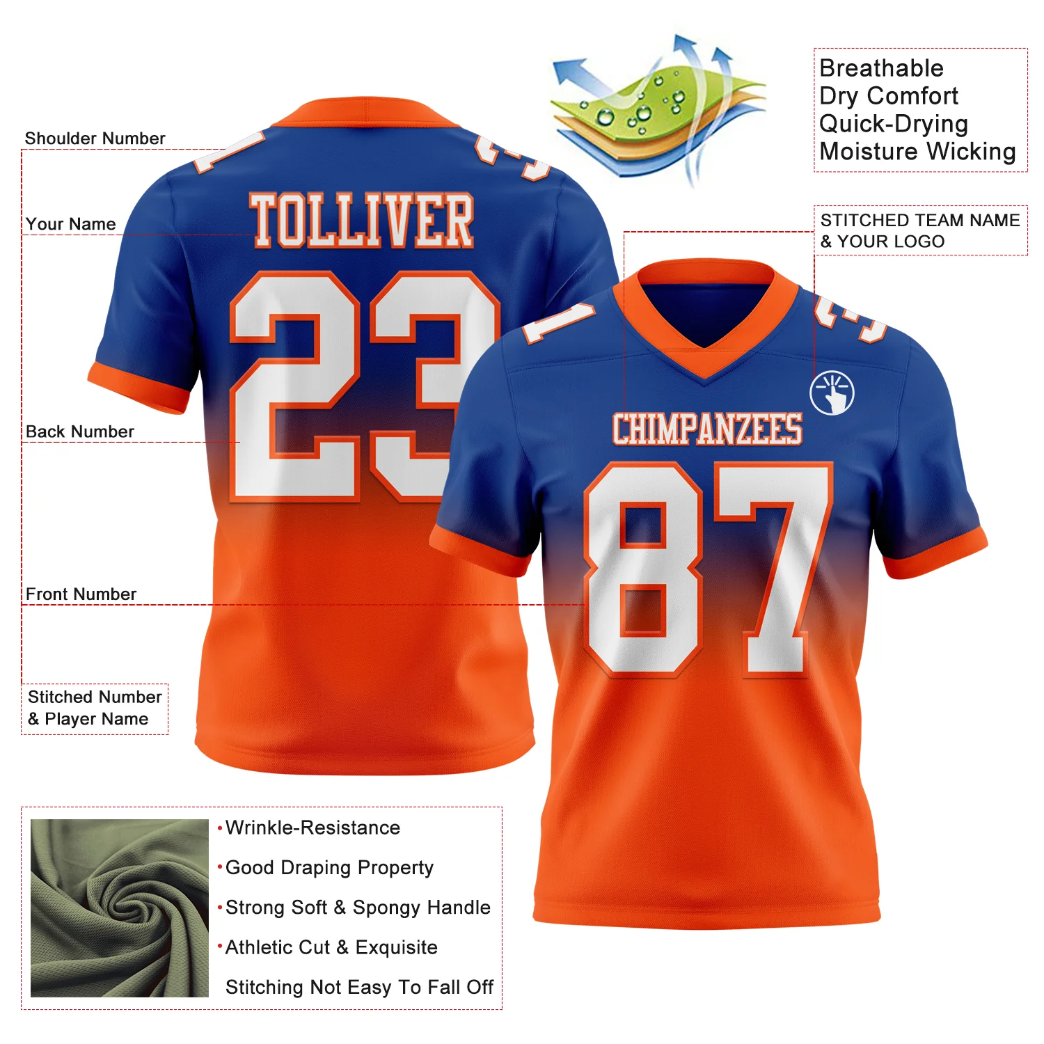 Custom Royal White-Orange Authentic Fade Fashion Football Jersey
