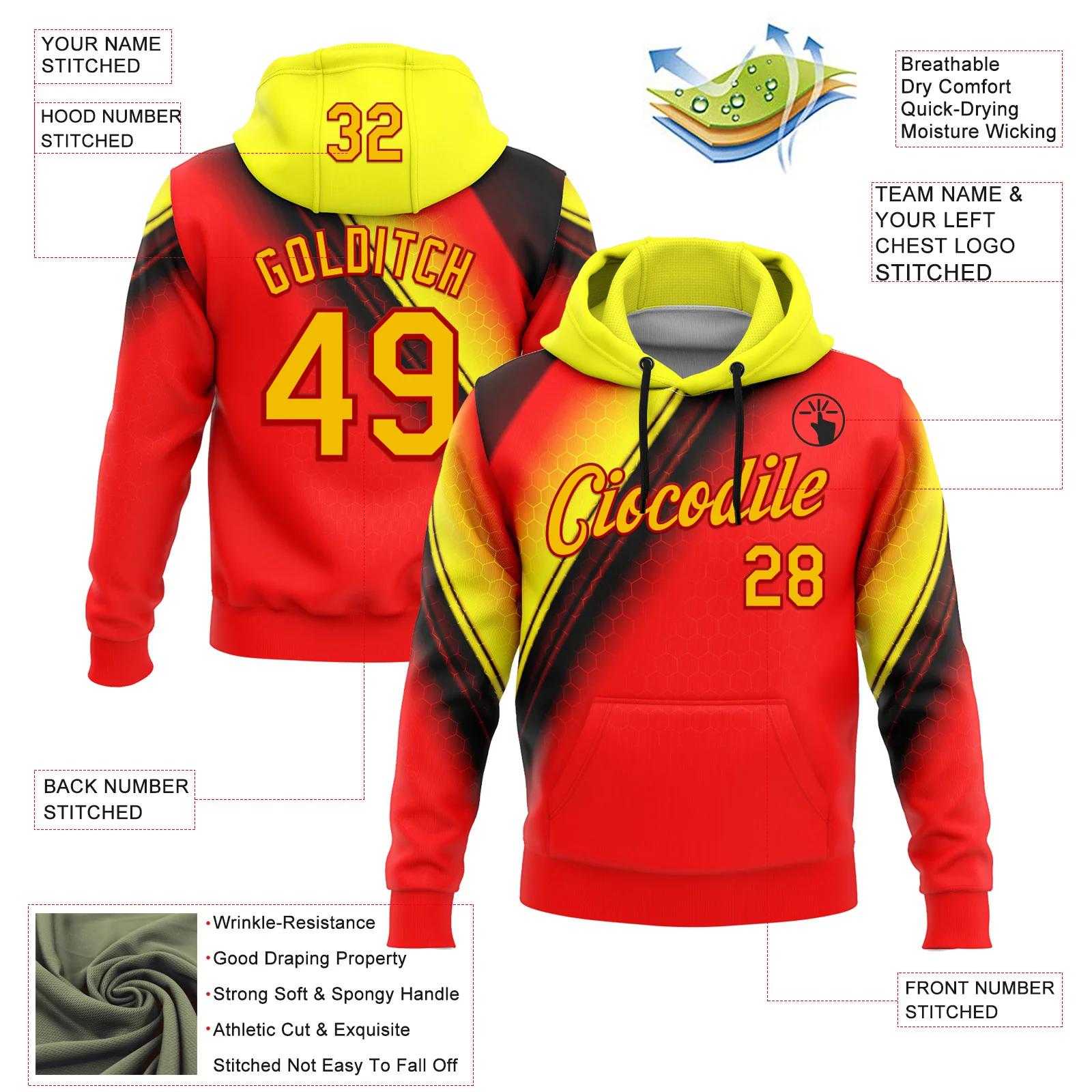 Custom Stitched Red Yellow-Black 3D Pattern Design Germany Inspired Abstract Geometric Honeycomb Shape Sportswear Pullover Sweatshirt Hoodie