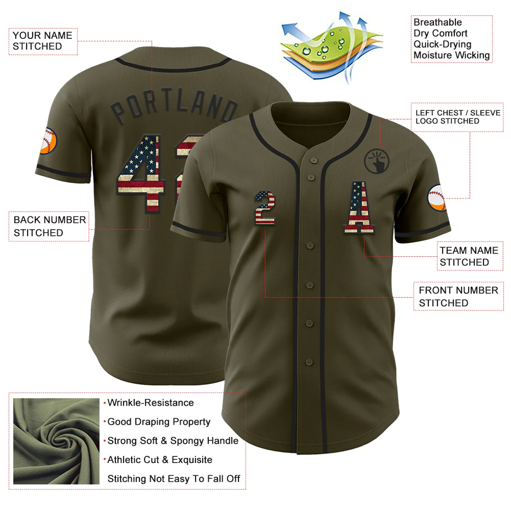 Custom Olive Vintage USA Flag-Black Authentic Salute To Service Baseball Jersey