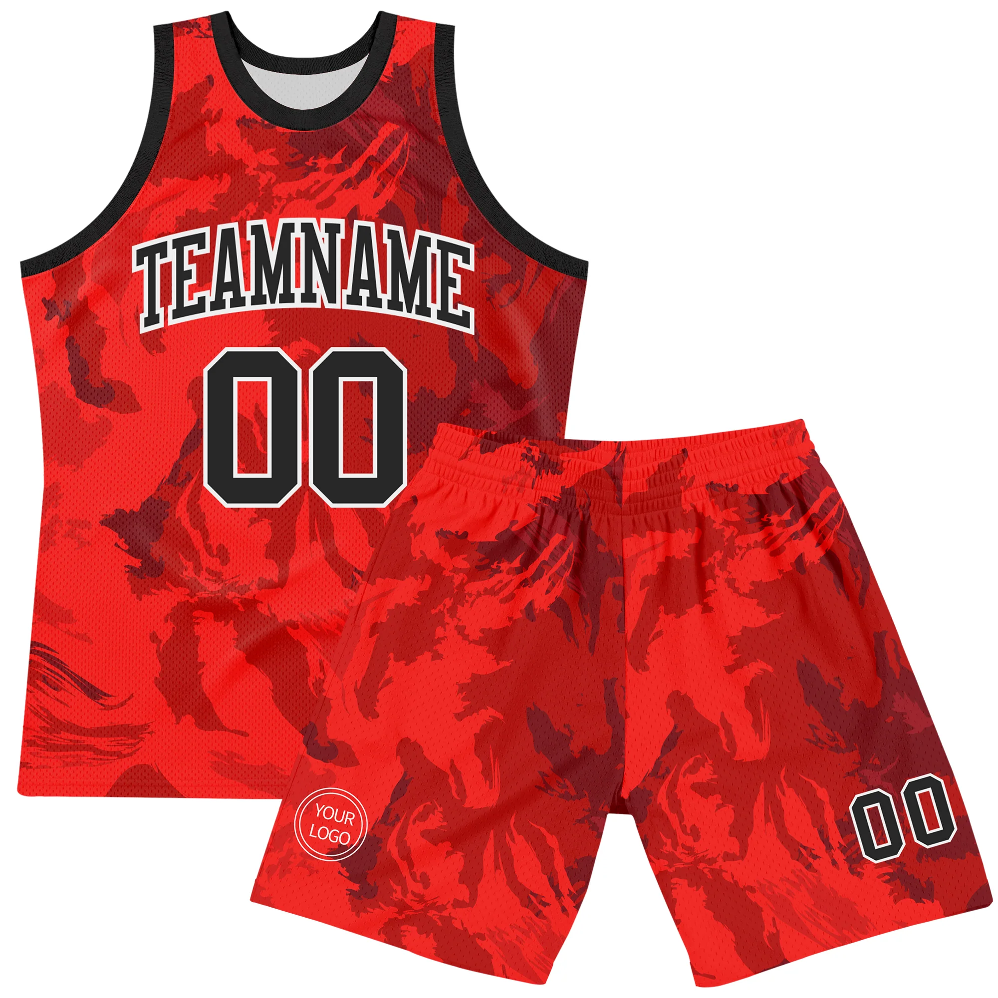 Custom Red Black-White Splash Round Neck Sublimation Basketball Suit Jersey