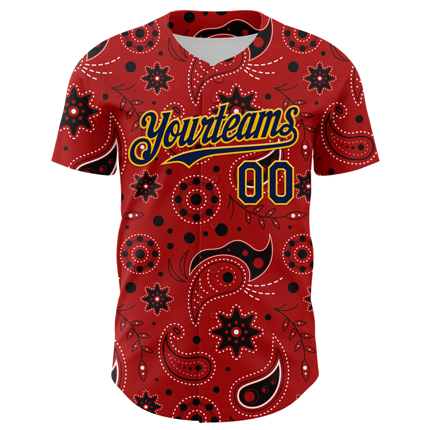 Custom Red Navy-Gold 3D Pattern Design Burner Costumes Paisley Bandana Authentic Baseball Jersey