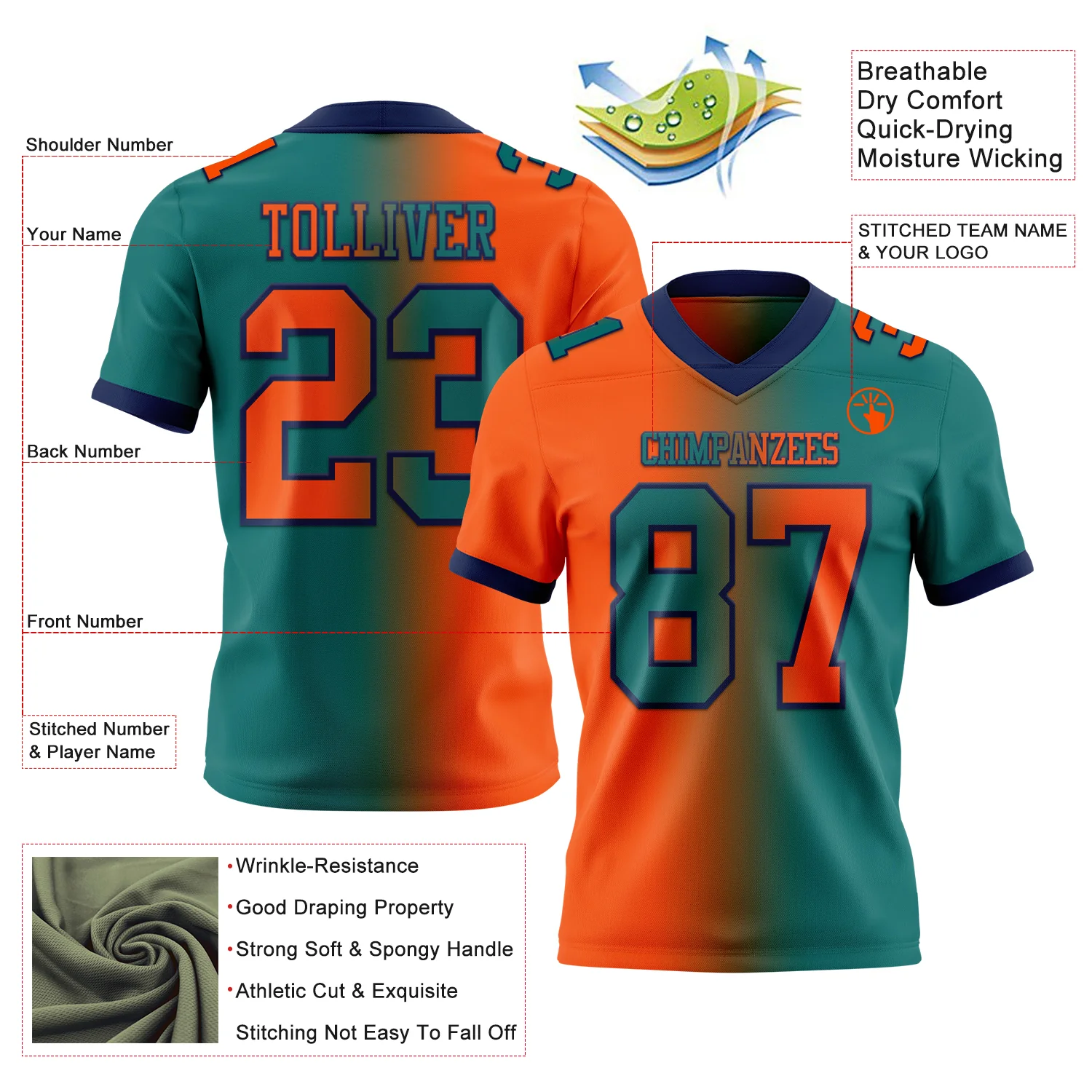 Custom Teal Orange-Navy Authentic Gradient Fashion Football Jersey