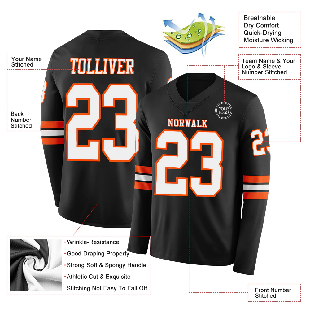 Custom Black White-Orange Long Sleeve Authentic Football Jersey