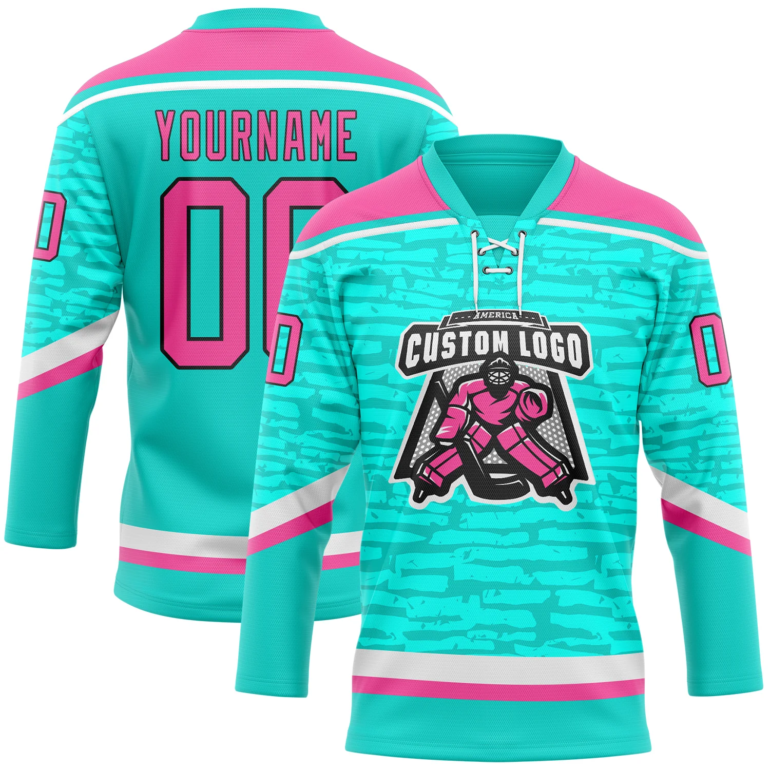 Custom Aqua Pink Black-White 3D Pattern Fragment Art Hockey Lace Neck Jersey