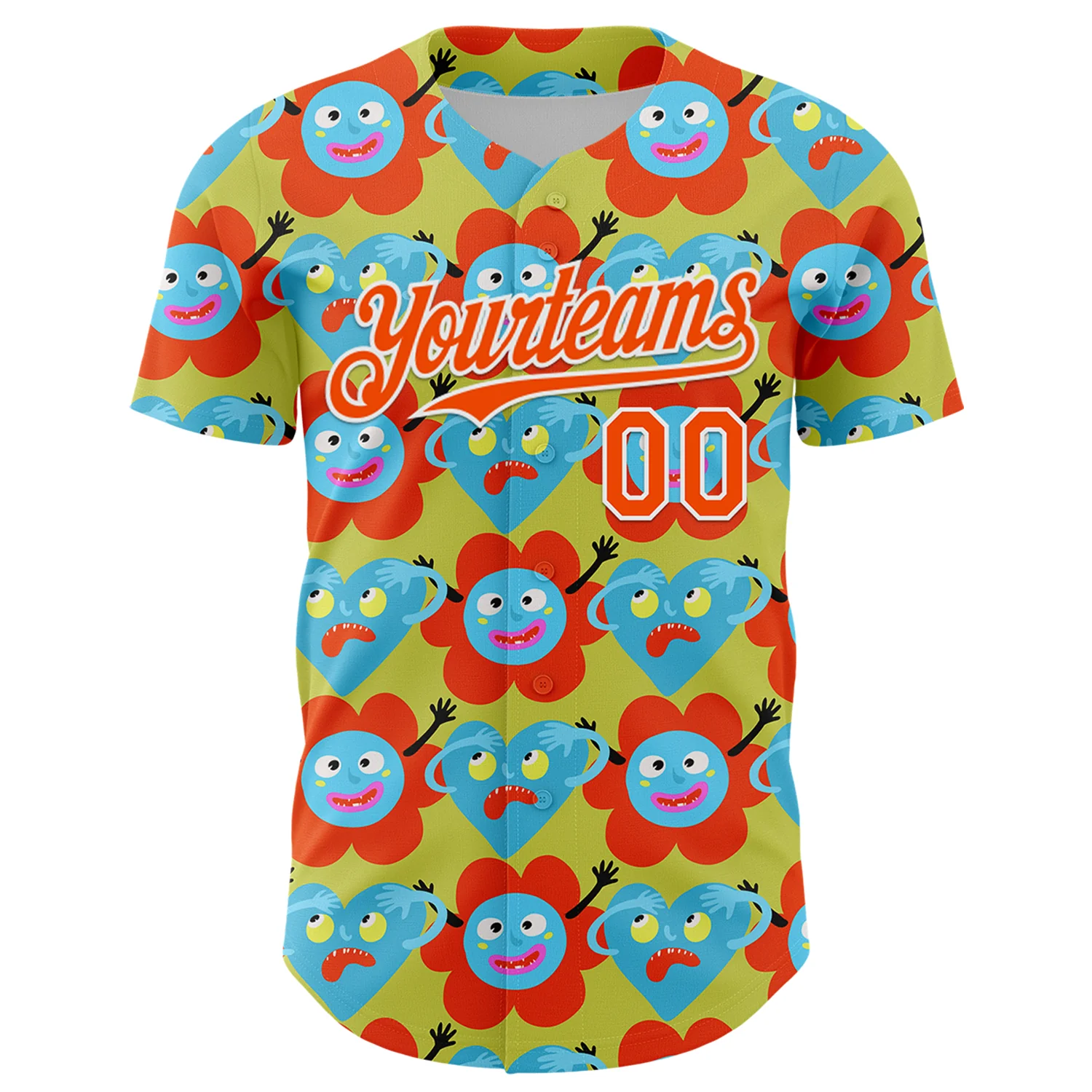Custom Neon Yellow Orange-White 3D Pattern Design Funny Cartoon Flower And Heart Authentic Baseball Jersey