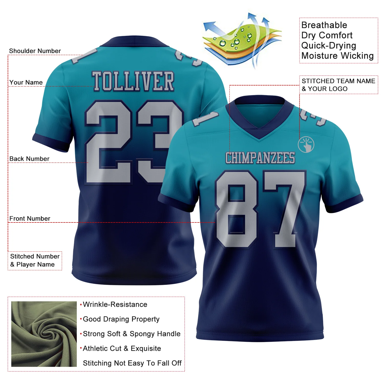 Custom Teal Gray-Navy Authentic Fade Fashion Football Jersey