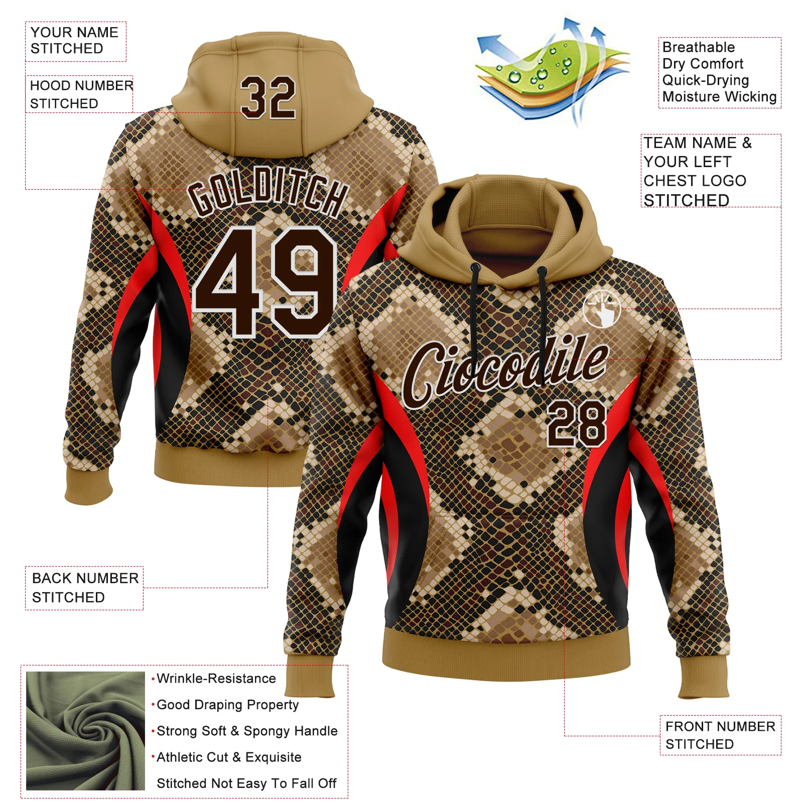 Custom Stitched Old Gold Brown Black Red-White 3D Pattern Design Snake Skin Print Sportswear Pullover Sweatshirt Hoodie