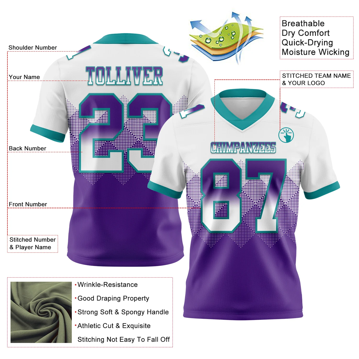Custom White Purple-Teal Authentic Gradient Square Shape Flag Football Jersey