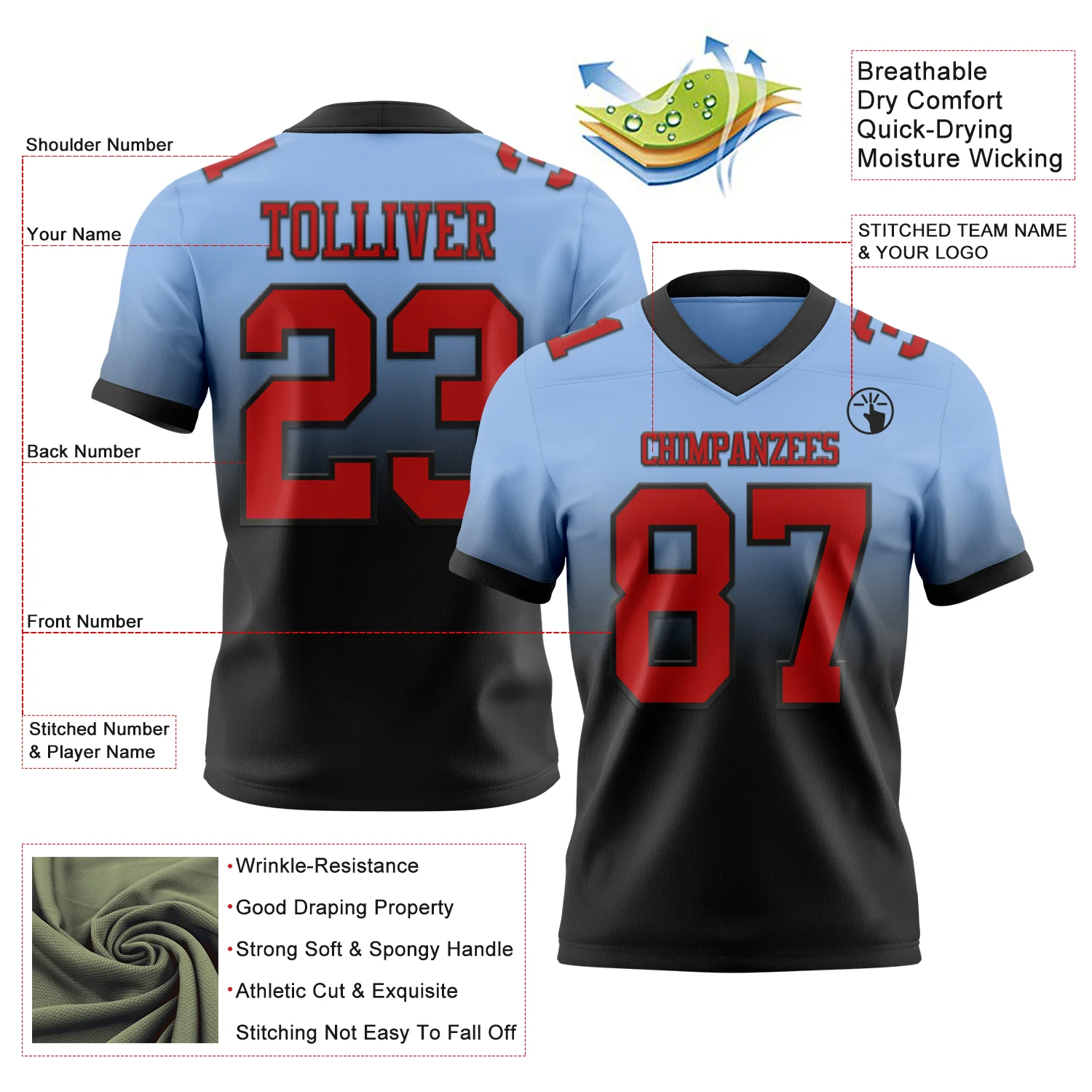 Custom Light Blue Red-Black Authentic Fade Fashion Football Jersey