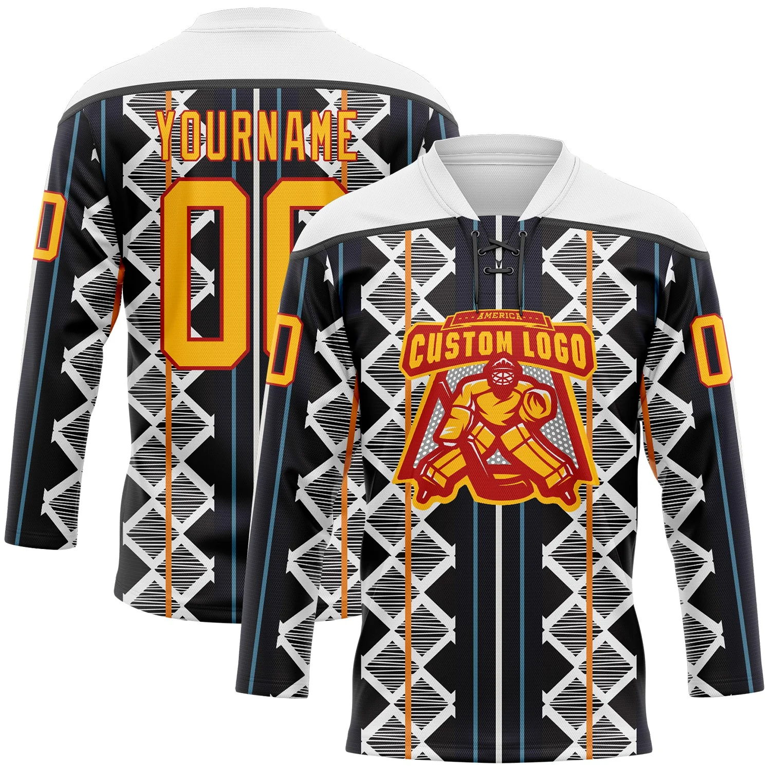 Custom Black Gold Blue Red-White 3D Pattern Design Stripe Geometric Hockey Lace Neck Jersey