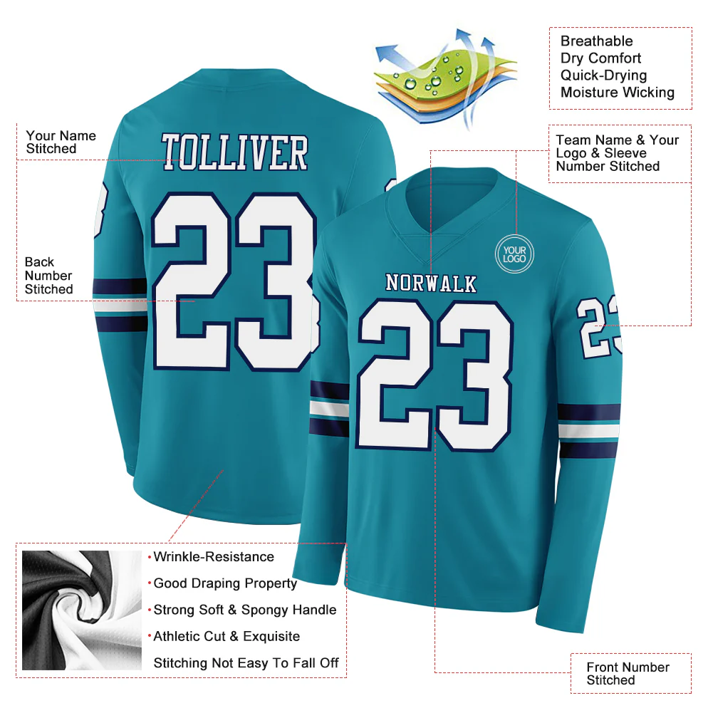 Custom Teal White-Navy Long Sleeve Authentic Football Jersey