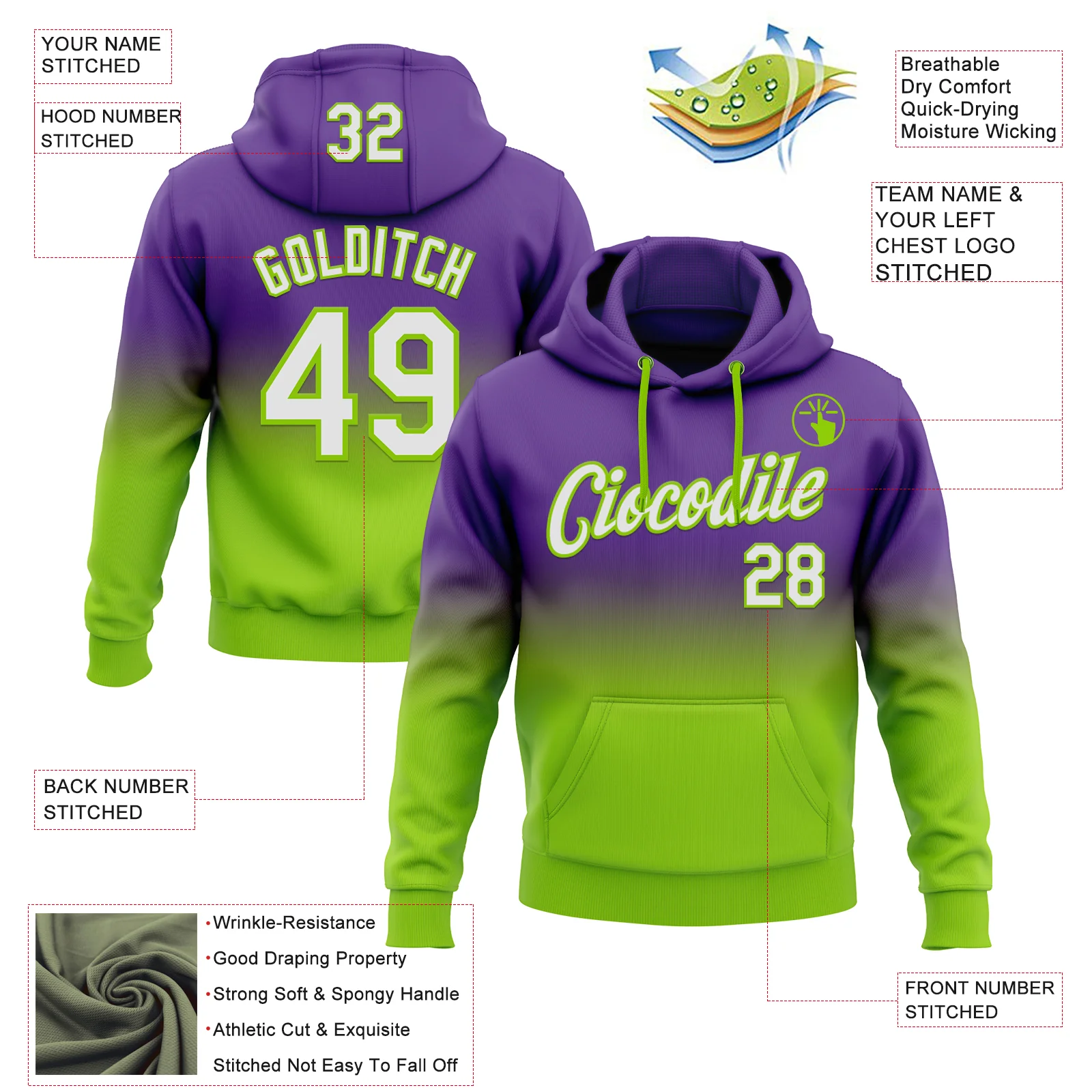 Custom Stitched Purple White-Neon Green Fade Fashion Sports Pullover Sweatshirt Hoodie
