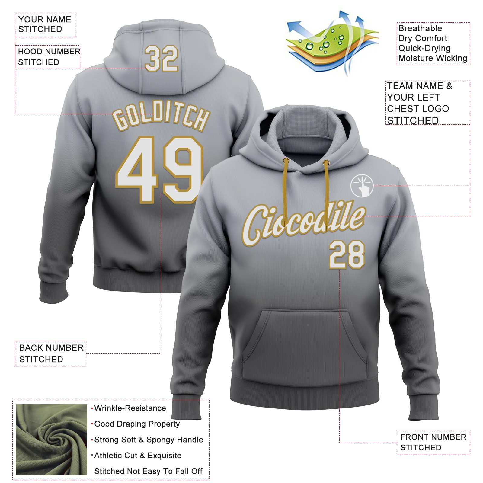 Custom Stitched Gray White Steel Gray-Old Gold Fade Fashion Sports Pullover Sweatshirt Hoodie