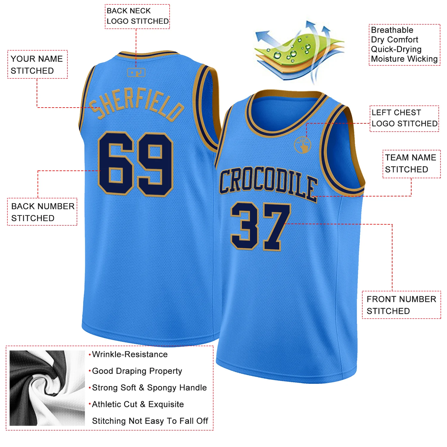 Custom Powder Blue Navy-Old Gold Authentic Basketball Jersey