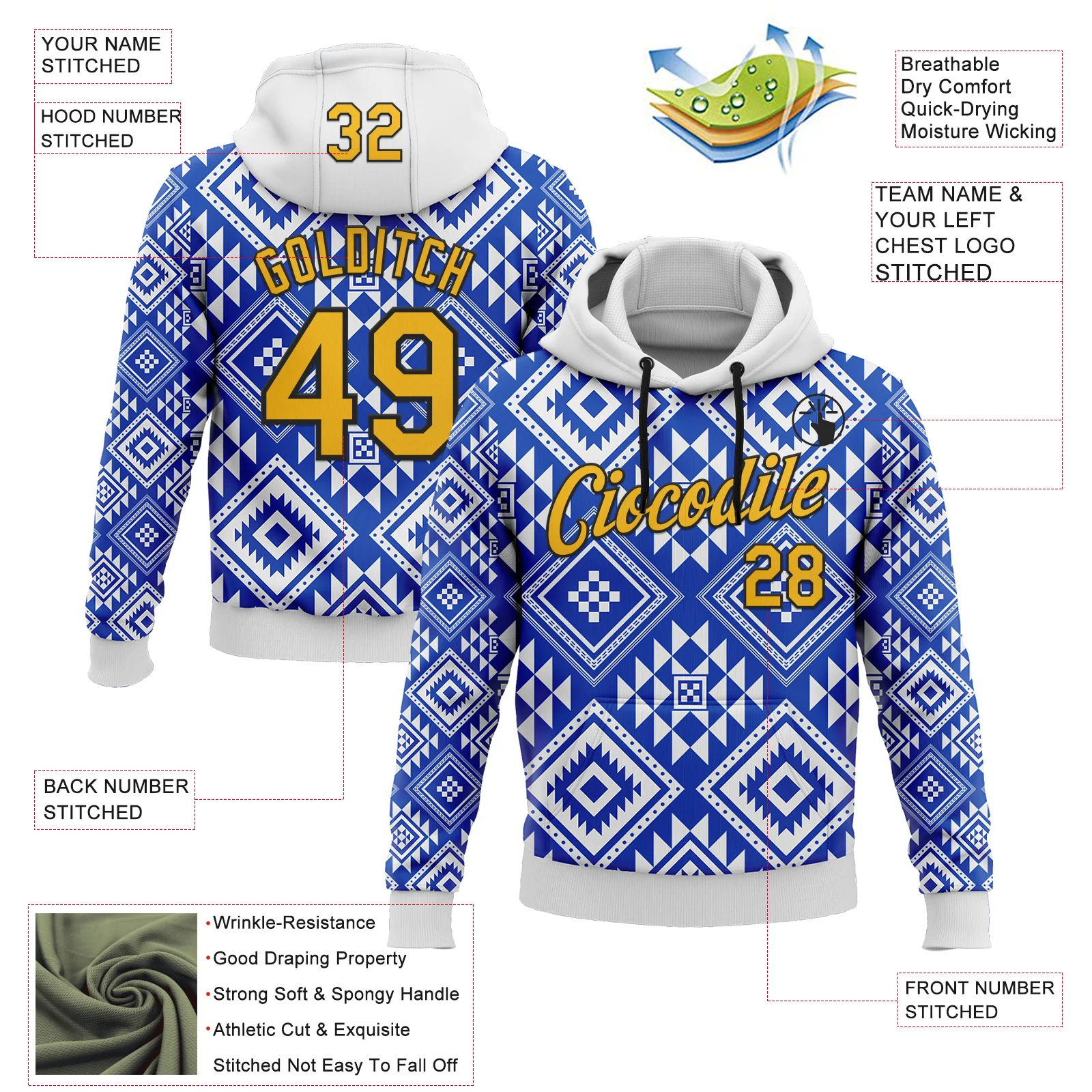 Custom Stitched White Gold Blue-Black 3D Mexico Aztec Pattern Sports Pullover Sweatshirt Hoodie