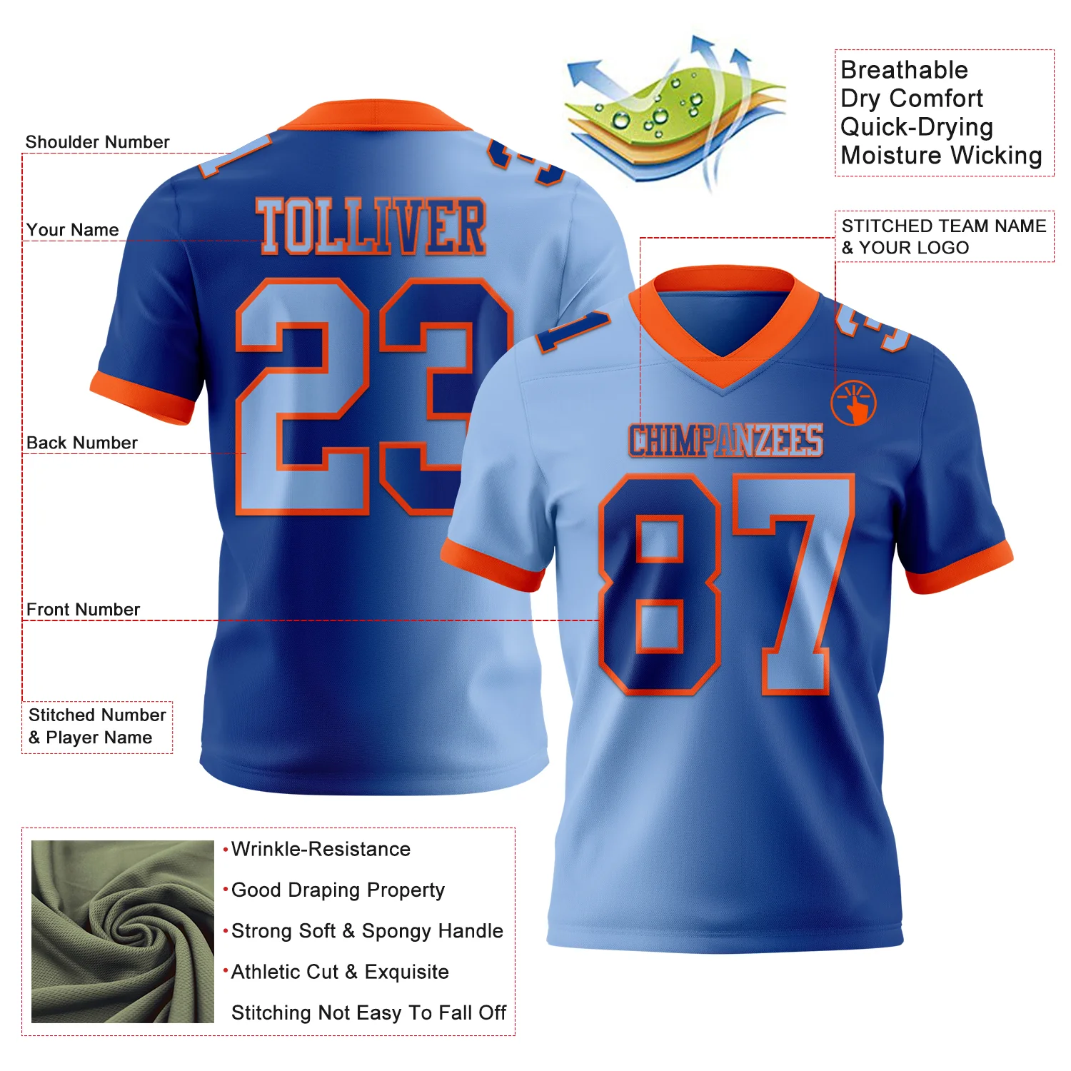 Custom Royal Light Blue-Orange Authentic Gradient Fashion Football Jersey