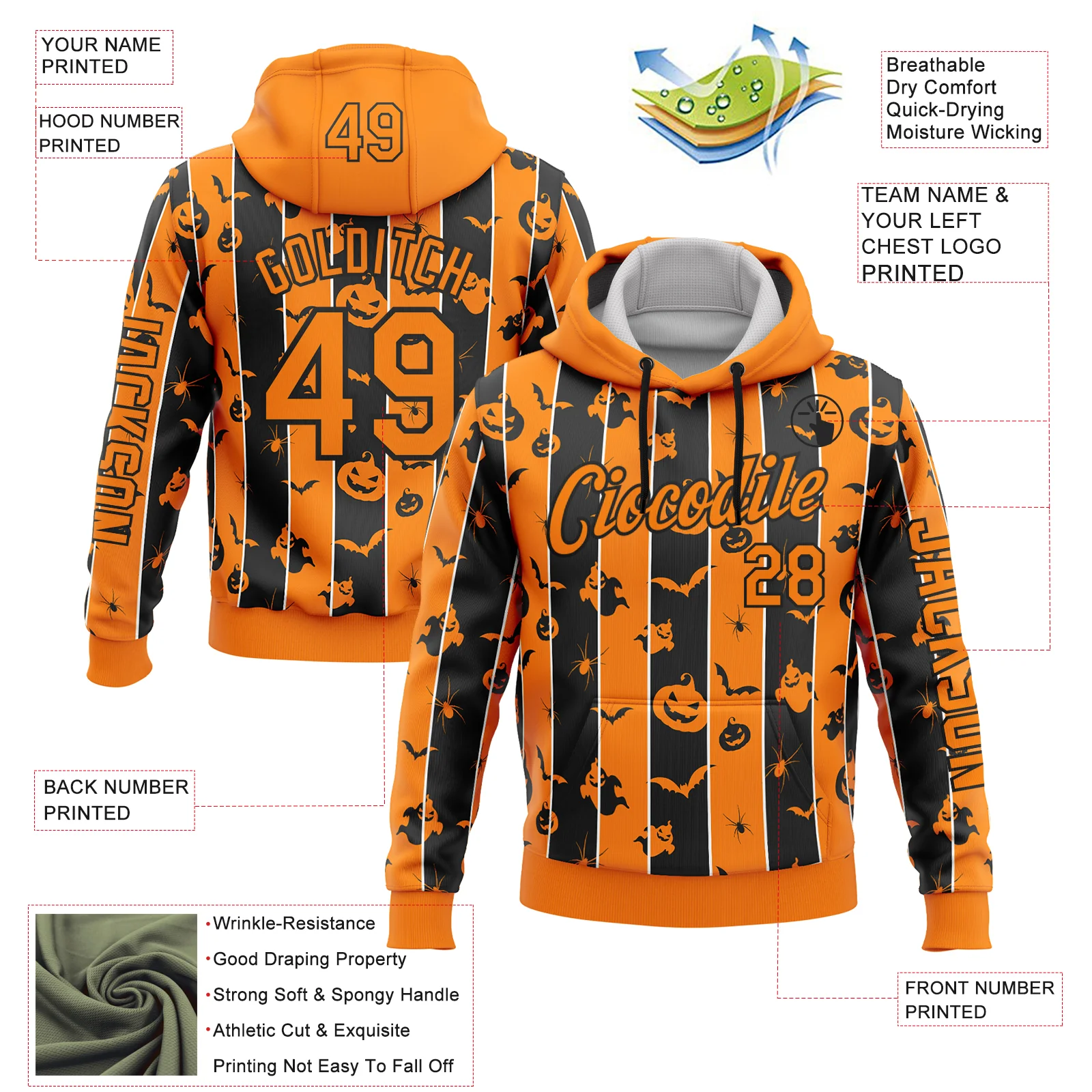 Custom Bay Orange Black 3D Halloween Pumpkin Spooky Stripe Sports Pullover Sweatshirt Hoodie