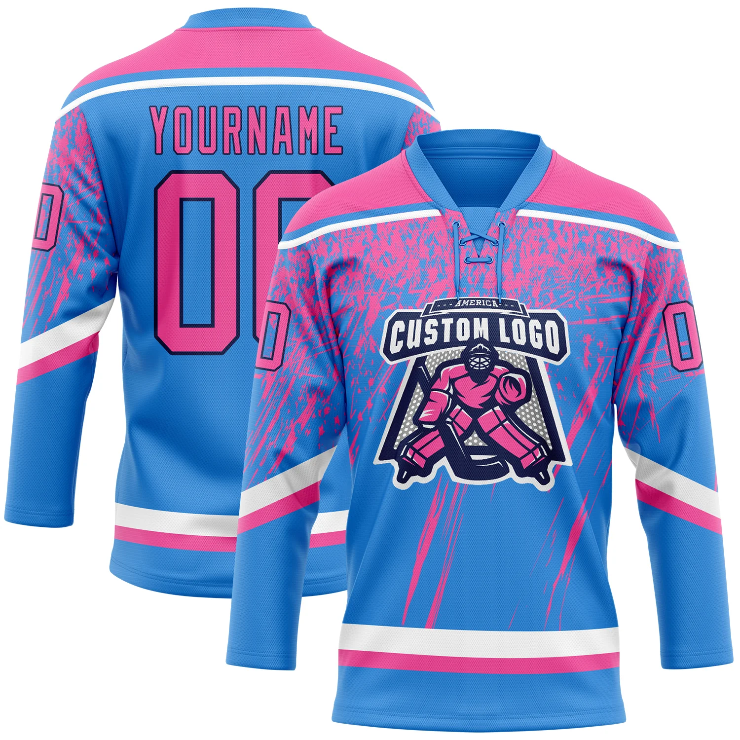 Custom Powder Blue Pink Navy-White 3D Splash Hockey Lace Neck Jersey