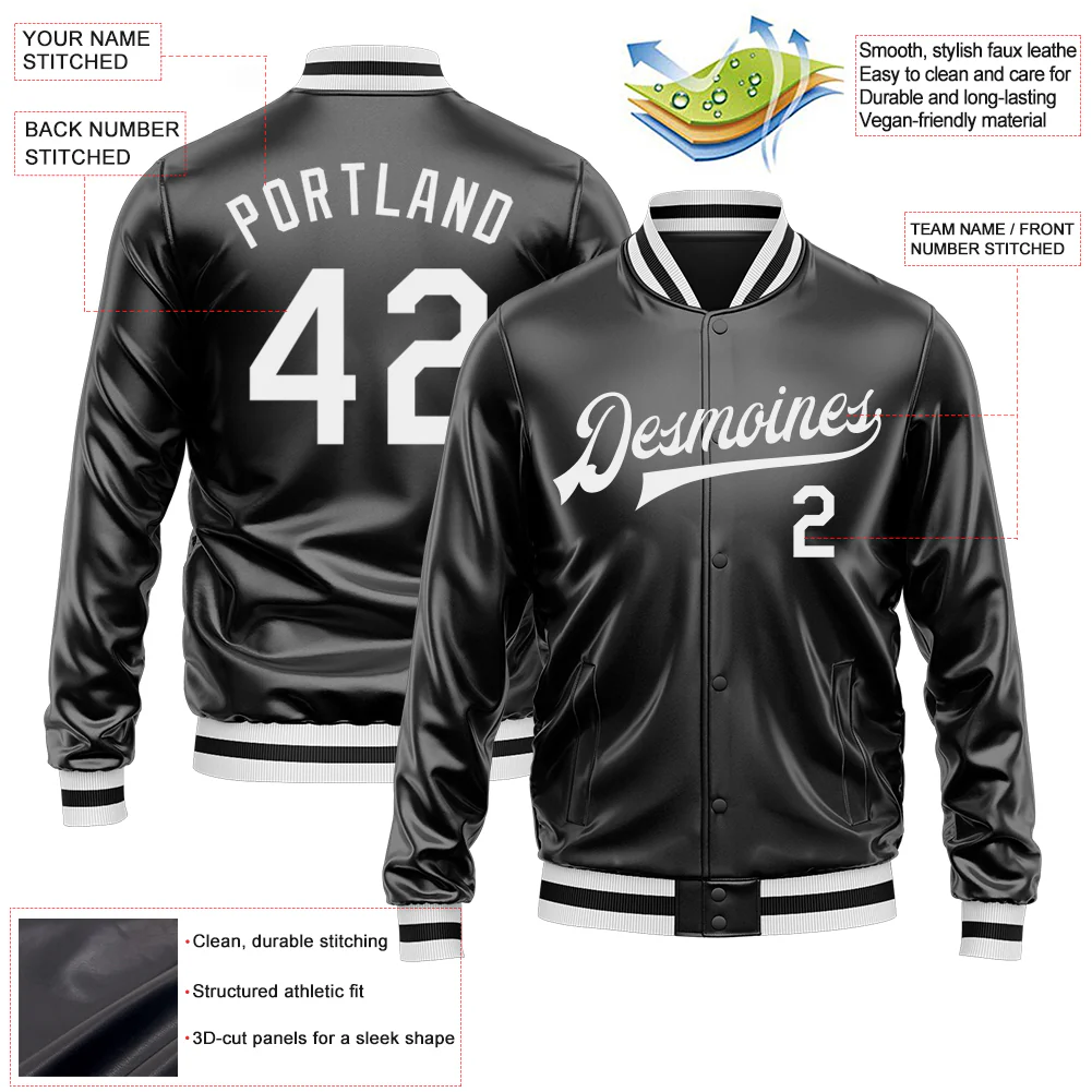 Custom Black White Bomber Full-Snap Varsity Faux Leather Letterman Jacket